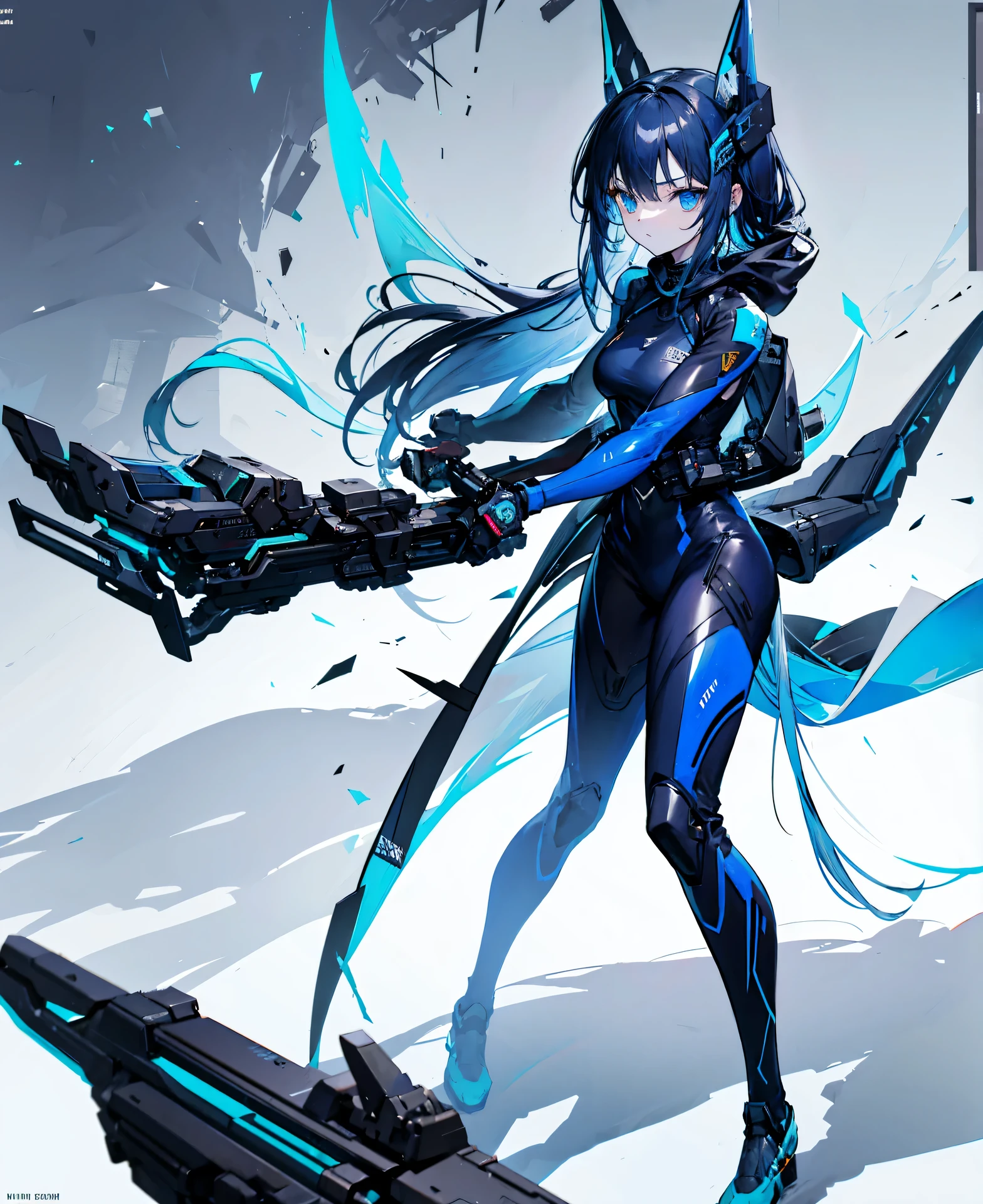 no background,girl,carry a firearm,Enamel style tight suit,use of firearms,dark blue long hair,attention arousal,blue colored eyes,no gradation