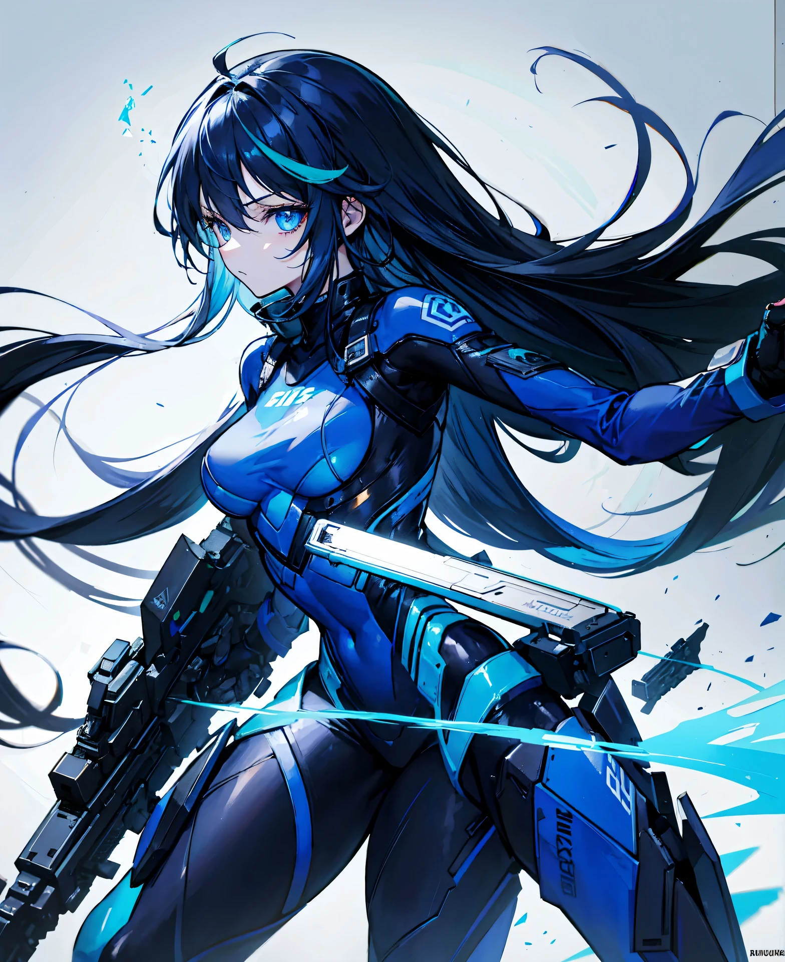 no background，girl，carry a firearm，Enamel style tight suit，use of firearms，dark blue long hair，attention arousal，blue colored eyes,no gradation