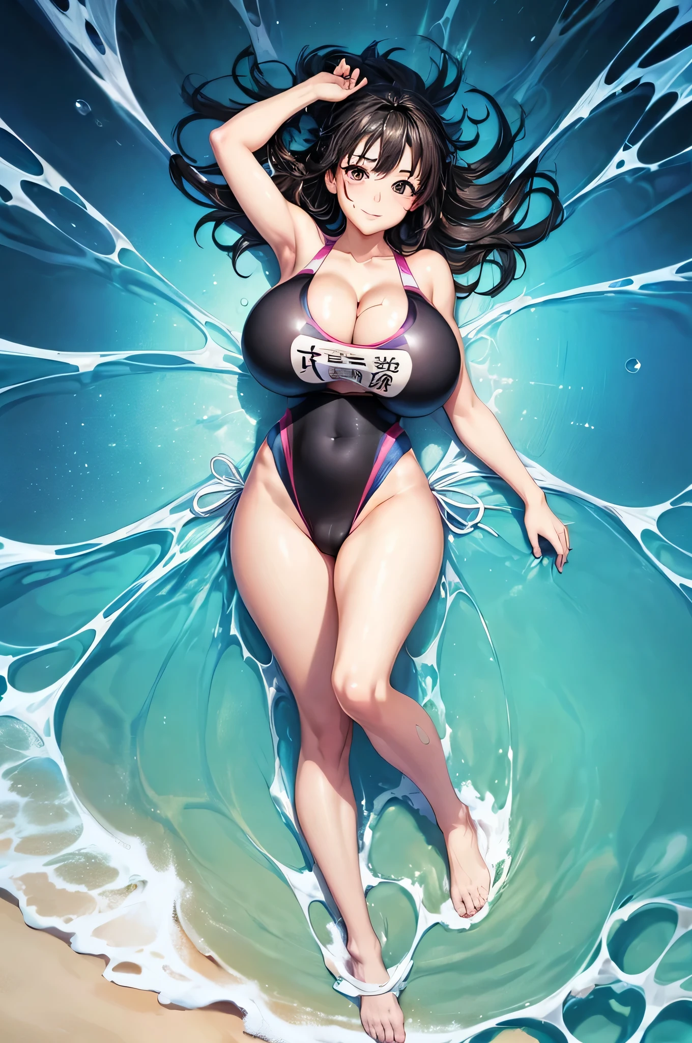 (1 girl:1.5),(behind:2.0),(Smile Beam:1.5),(full body),((huge breasts:1.5)),(huge saggy breasts:1.5), ((cleavage:1.5)),((Swimsuit:1.5)),((High leg:1.5), 25 years old,masterpiece,hyper quality, very detailed,perfect picture,3D,8K,High resolution,seductive anime girl, medium hair:1.3,black hair,(black eye:1.5),sporty hairstyle,Smooth anime CG art,