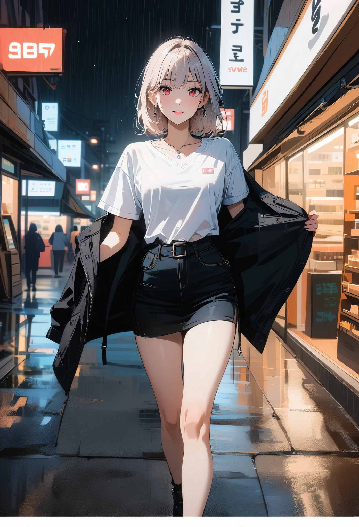 (8K, best quality, masterpiece:1,2), (actual, photo-actual:1,37), top quality, masterpiece, a beautiful woman, Women's short V-neck top white T-shirt Korean fashion women's T-shirt with tight open black jacket, Beautiful and toned body, split, Floral miniskirt, walking in the suburbs, Rainy night background, In a store with Korean shop lighting, night atmosphere, asphalt, Charming smile and dimples, anime style, white hair, Red eyes