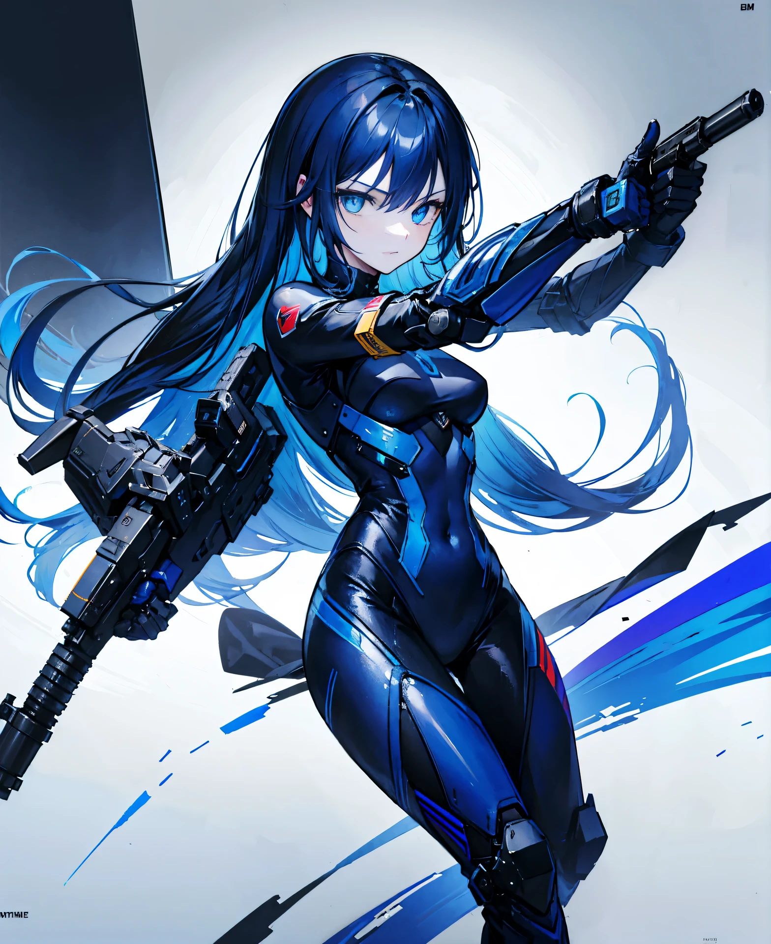 no background,girl,carry a firearm,Enamel style tight suit,use of firearms,dark blue long hair,attention arousal,blue colored eyes,no gradation