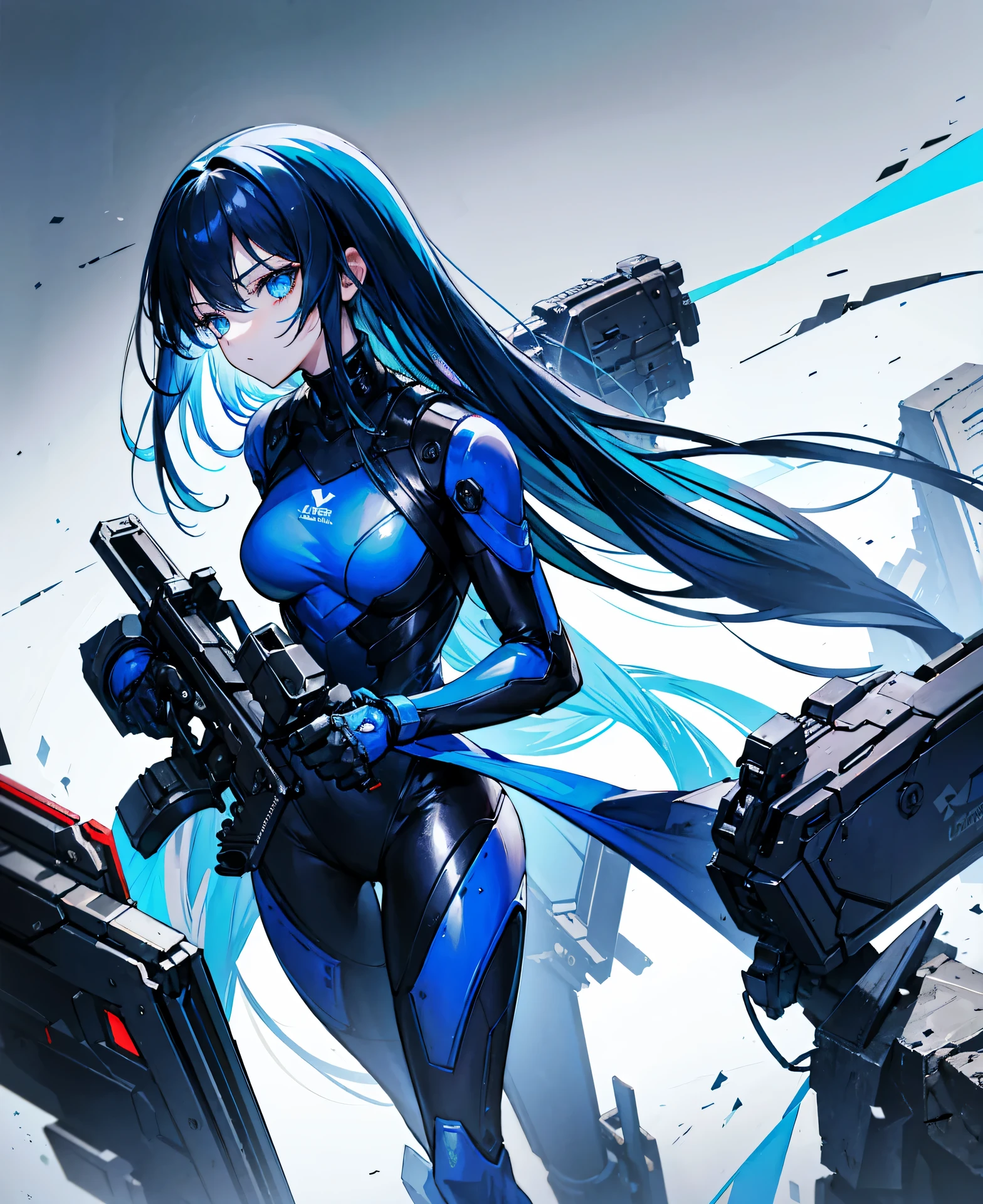 no background，girl，carry a firearm，Enamel style tight suit，use of firearms，dark blue long hair，attention arousal，blue colored eyes,no gradation