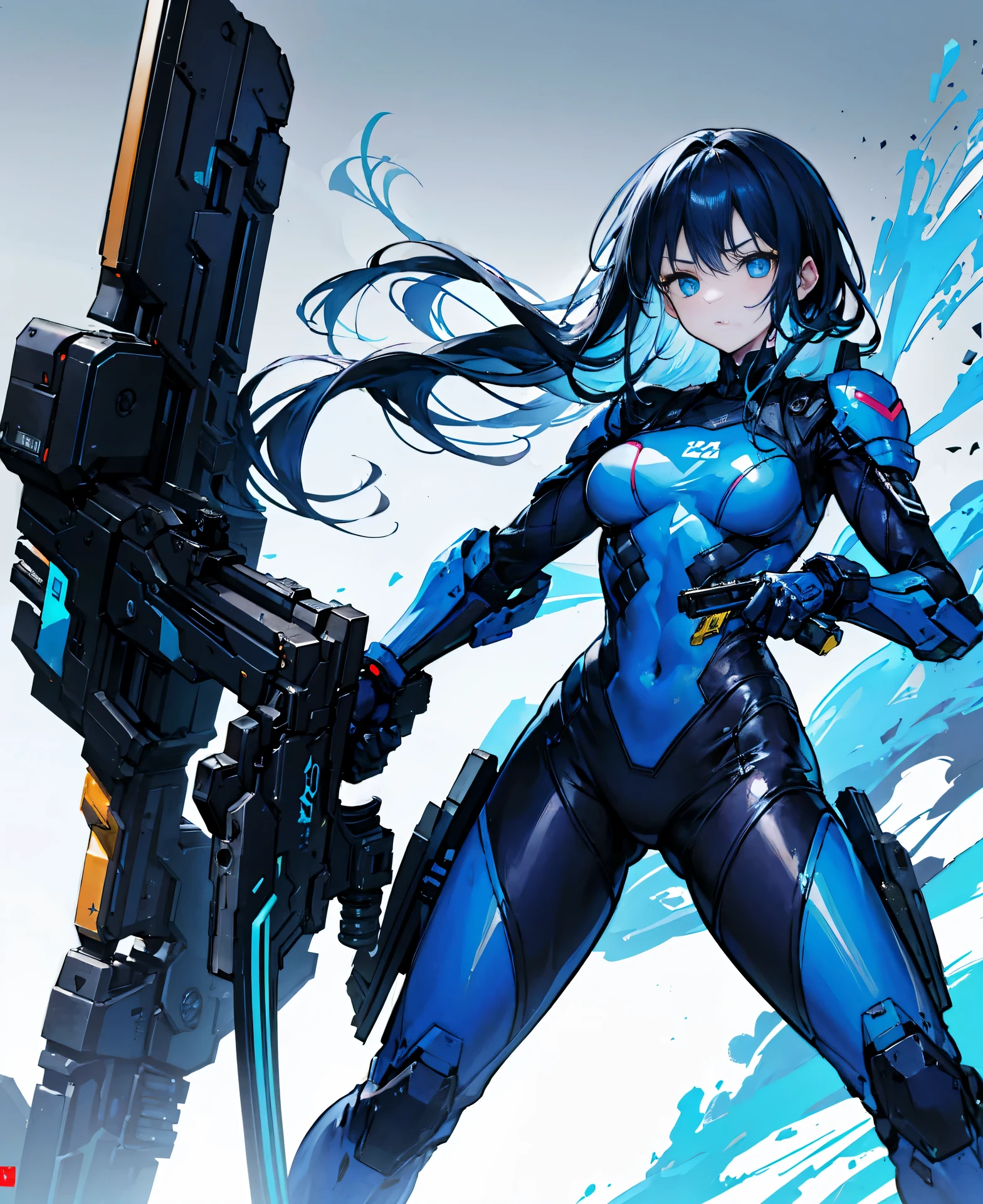 no background，girl，carry a firearm，Enamel style tight suit，use of firearms，dark blue long hair，attention arousal，blue colored eyes,no gradation