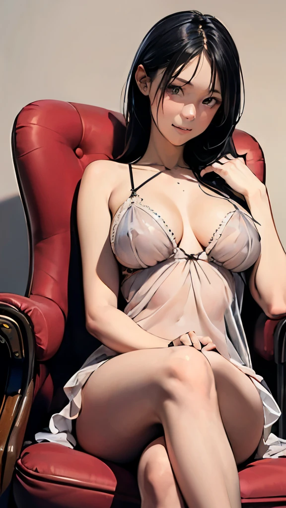 1 girl、A beautiful woman wearing a sexy doll is sitting on an oriental style chair、cross your legs、Close up of beautiful black hair、Staring at me with a charming smile、Slender but big breasts、beautiful skin、black see-through babyl、Slightly transparent、anatomically correct、precise fingers、exact limbasterpiece、photo reality、
