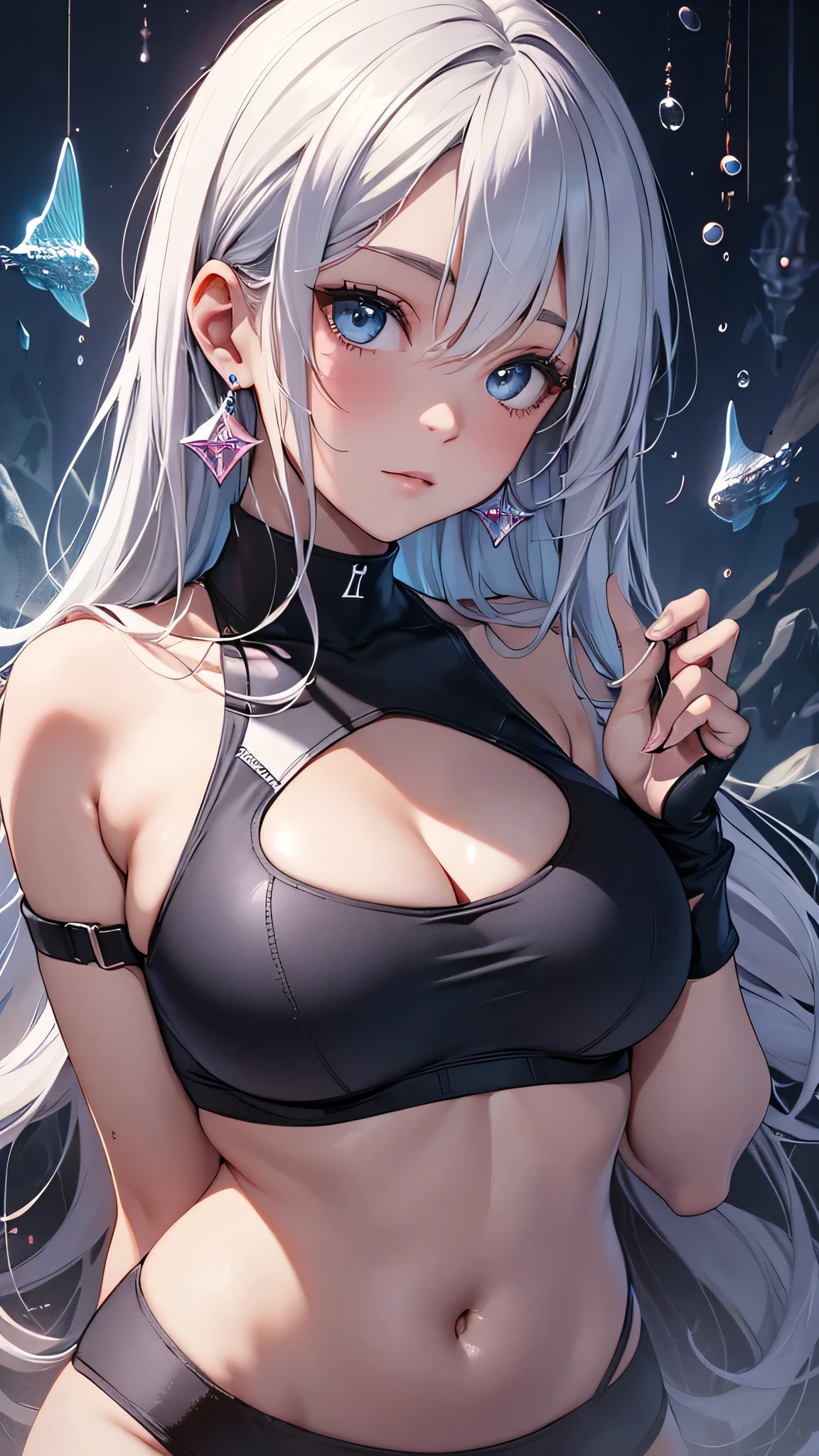 最high quality、best image quality、masterpiece、girl((20-year-old、 By becoming、vest bust、medium bust,wide open breast tea、shining eyes, silver hair、long hair、thin,highest valley、blue sports bra、blue sports pants,diamond earrings、Wristband、black gloves、swim)),high quality、beautiful art、background((deep sea、beautiful sea))、Flight、debris flies、Depth of written boundary、movie、visual art、perfect art、8K,genuine、Dynamic Performance