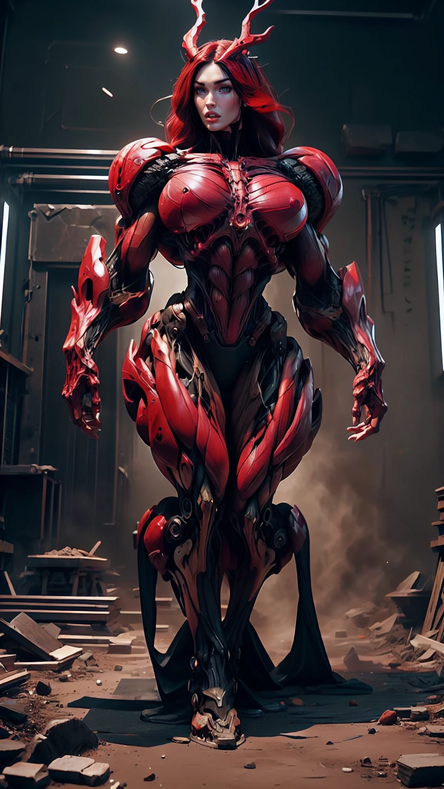 Cinematic, clear facial features and insanely detailed, the image captures the essence of (1 girl), (megan fox:1.25), (long red hair), (carnage skinless physique:1.25), (1 super muscular undead skinless succubus with gigantic horns:1.25), (covered in red necrotic rotting skinless muscle:1.25), (exposed muscles & veins everywhere:1.25), (perfect fingers:1.25) (full body pose:1.25). The color grading is beautifully done, enhancing the overall cinematic feel. Unreal Engine makes her appearance even more mesmerizing. With depth of field (DOF), every detail is focused and accentuated, drawing attention to her eyes and hair. Peak image resolution utilizing super-resolution technology ensures pixel perfection. Cinematic lighting enhances her aura, while anti-aliasing techniques like FXAA and TXAA keep the edges smooth and clean. Adding realism to the muscular bio-mecha succubus , RTX technology enables ray tracing. Additionally, SSAO (Screen Space Ambient Occlusion) gives depth and realism to the scene, the girl's presence even more convincing. In the post-processing and post-production stages, tone mapping enhances the colors, creating a captivating visual experience. The integration of CGI (Computer-Generated Imagery) and VFX (Visual Effects brings out her demonic features seamlessly . Incredible level of detail, with intricate elements meticulously crafted, the artwork hyper maximalist and hyper-realistic. Volumetric effects add depth and dimension, with unparalleled photorealism. 8k resolution rendering ensures super detailed visuals. The volumetric lighting adds a touch of magic, highlighting her beauty and aura in an otherworldly way. High Dynamic Range (HDR) tech makes the colors pop, adding richness to the overall composition. Ultimately, this artwork presents an unreal, yet stunningly real portrayal of an incredibly beautiful bio-mecha succubus girl. The sharp focus ensures that every feature is crisply defined, creating a captivating presence. (girl face:1.45)