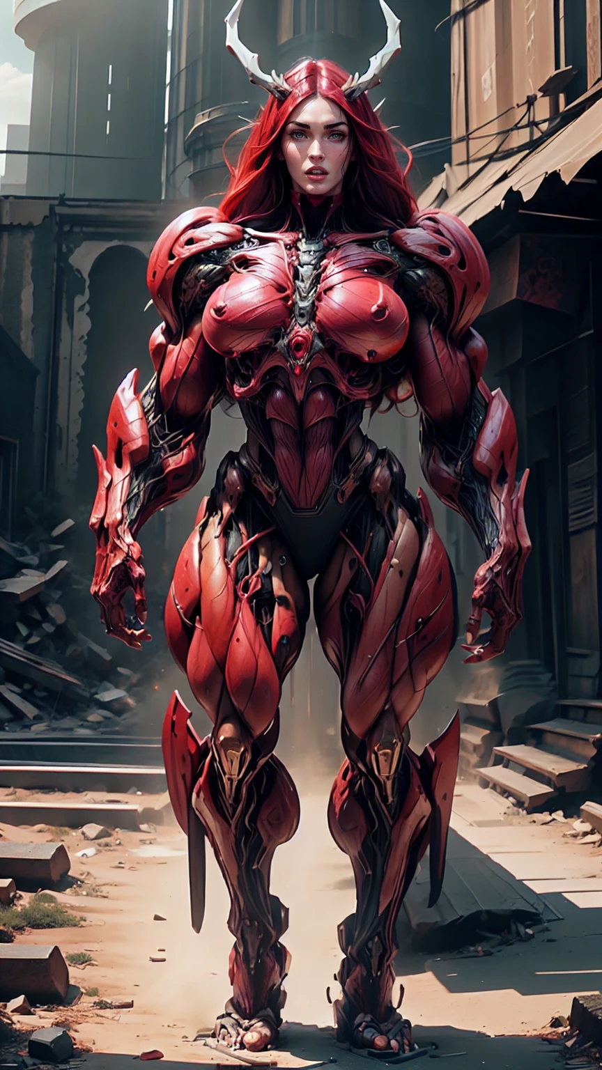 Cinematic, clear facial features and insanely detailed, the image captures the essence of (1 girl), (megan fox:1.25), (long red hair), (carnage skinless physique:1.25), (1 super muscular undead skinless succubus with gigantic horns:1.25), (covered in red necrotic rotting skinless muscle:1.25), (exposed muscles & veins everywhere:1.25), (perfect fingers:1.25) (full body pose:1.25). The color grading is beautifully done, enhancing the overall cinematic feel. Unreal Engine makes her appearance even more mesmerizing. With depth of field (DOF), every detail is focused and accentuated, drawing attention to her eyes and hair. Peak image resolution utilizing super-resolution technology ensures pixel perfection. Cinematic lighting enhances her aura, while anti-aliasing techniques like FXAA and TXAA keep the edges smooth and clean. Adding realism to the muscular bio-mecha succubus , RTX technology enables ray tracing. Additionally, SSAO (Screen Space Ambient Occlusion) gives depth and realism to the scene, the girl's presence even more convincing. In the post-processing and post-production stages, tone mapping enhances the colors, creating a captivating visual experience. The integration of CGI (Computer-Generated Imagery) and VFX (Visual Effects brings out her demonic features seamlessly . Incredible level of detail, with intricate elements meticulously crafted, the artwork hyper maximalist and hyper-realistic. Volumetric effects add depth and dimension, with unparalleled photorealism. 8k resolution rendering ensures super detailed visuals. The volumetric lighting adds a touch of magic, highlighting her beauty and aura in an otherworldly way. High Dynamic Range (HDR) tech makes the colors pop, adding richness to the overall composition. Ultimately, this artwork presents an unreal, yet stunningly real portrayal of an incredibly beautiful bio-mecha succubus girl. The sharp focus ensures that every feature is crisply defined, creating a captivating presence. (girl face:1.45)