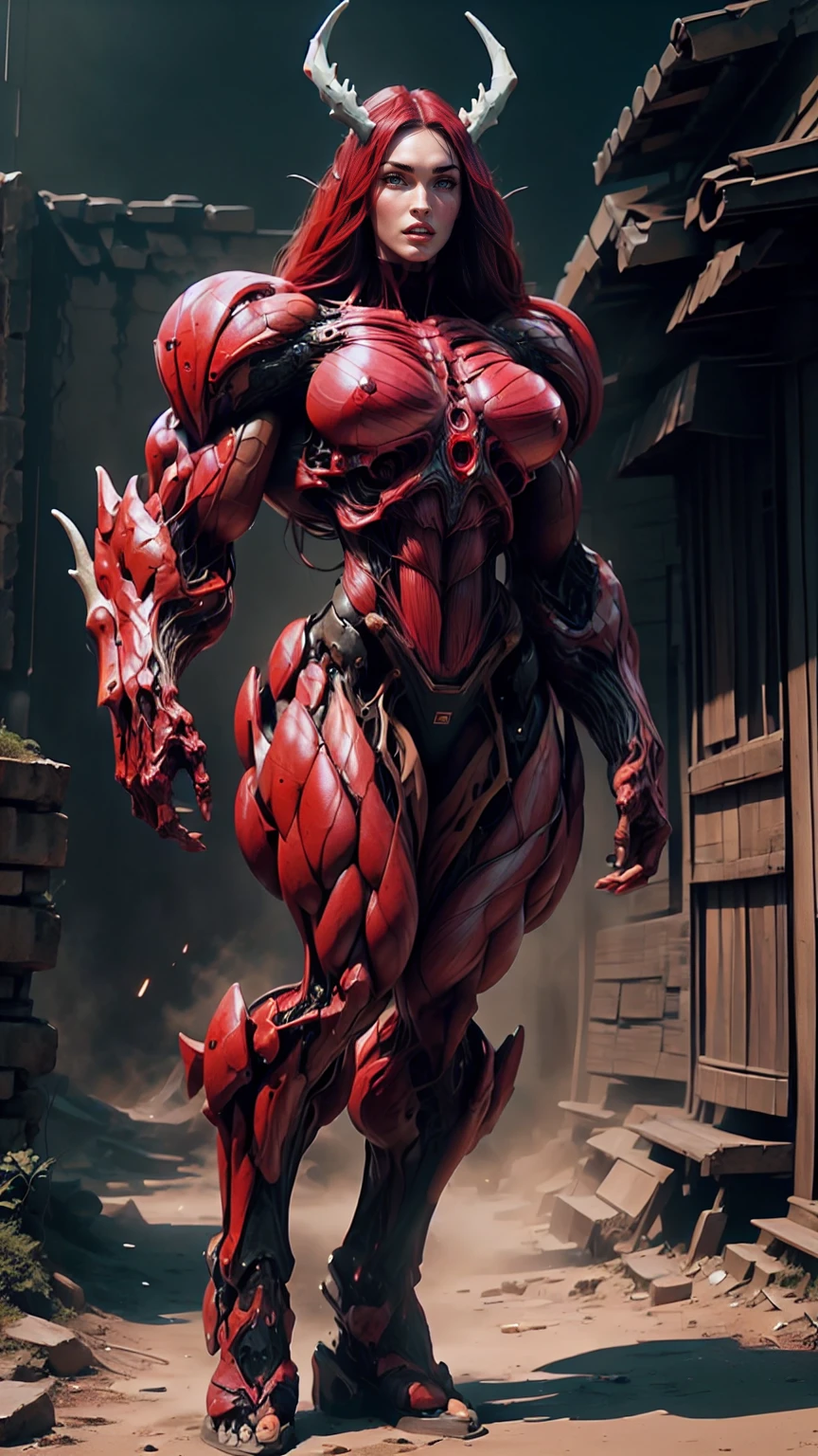 Cinematic, clear facial features and insanely detailed, the image captures the essence of (1 girl), (megan fox:1.25), (long red hair), (carnage skinless physique:1.25), (1 super muscular undead skinless succubus with gigantic horns:1.25), (covered in red necrotic rotting skinless muscle:1.25), (exposed muscles & veins everywhere:1.25), (perfect fingers:1.25) (full body pose:1.25). The color grading is beautifully done, enhancing the overall cinematic feel. Unreal Engine makes her appearance even more mesmerizing. With depth of field (DOF), every detail is focused and accentuated, drawing attention to her eyes and hair. Peak image resolution utilizing super-resolution technology ensures pixel perfection. Cinematic lighting enhances her aura, while anti-aliasing techniques like FXAA and TXAA keep the edges smooth and clean. Adding realism to the muscular bio-mecha succubus , RTX technology enables ray tracing. Additionally, SSAO (Screen Space Ambient Occlusion) gives depth and realism to the scene, the girl's presence even more convincing. In the post-processing and post-production stages, tone mapping enhances the colors, creating a captivating visual experience. The integration of CGI (Computer-Generated Imagery) and VFX (Visual Effects brings out her demonic features seamlessly . Incredible level of detail, with intricate elements meticulously crafted, the artwork hyper maximalist and hyper-realistic. Volumetric effects add depth and dimension, with unparalleled photorealism. 8k resolution rendering ensures super detailed visuals. The volumetric lighting adds a touch of magic, highlighting her beauty and aura in an otherworldly way. High Dynamic Range (HDR) tech makes the colors pop, adding richness to the overall composition. Ultimately, this artwork presents an unreal, yet stunningly real portrayal of an incredibly beautiful bio-mecha succubus girl. The sharp focus ensures that every feature is crisply defined, creating a captivating presence. (girl face:1.45)