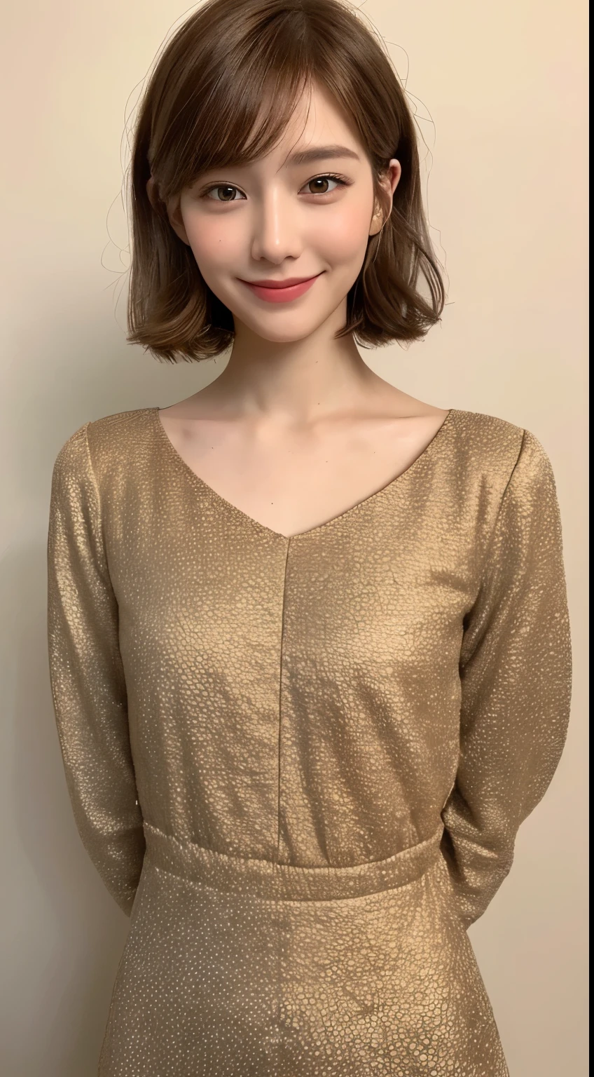 ((Best Quality, 8K, Masterpiece: 1.3)), 1 Girl, Slim Abs Beauty: 1.3, (Hairstyle Brown Hair Shortcut, Big: 1.2), Dress: 1.1, Super Slender Face, Delicate Eyes, Double Eyelids, Smile, Home, Raw Photo