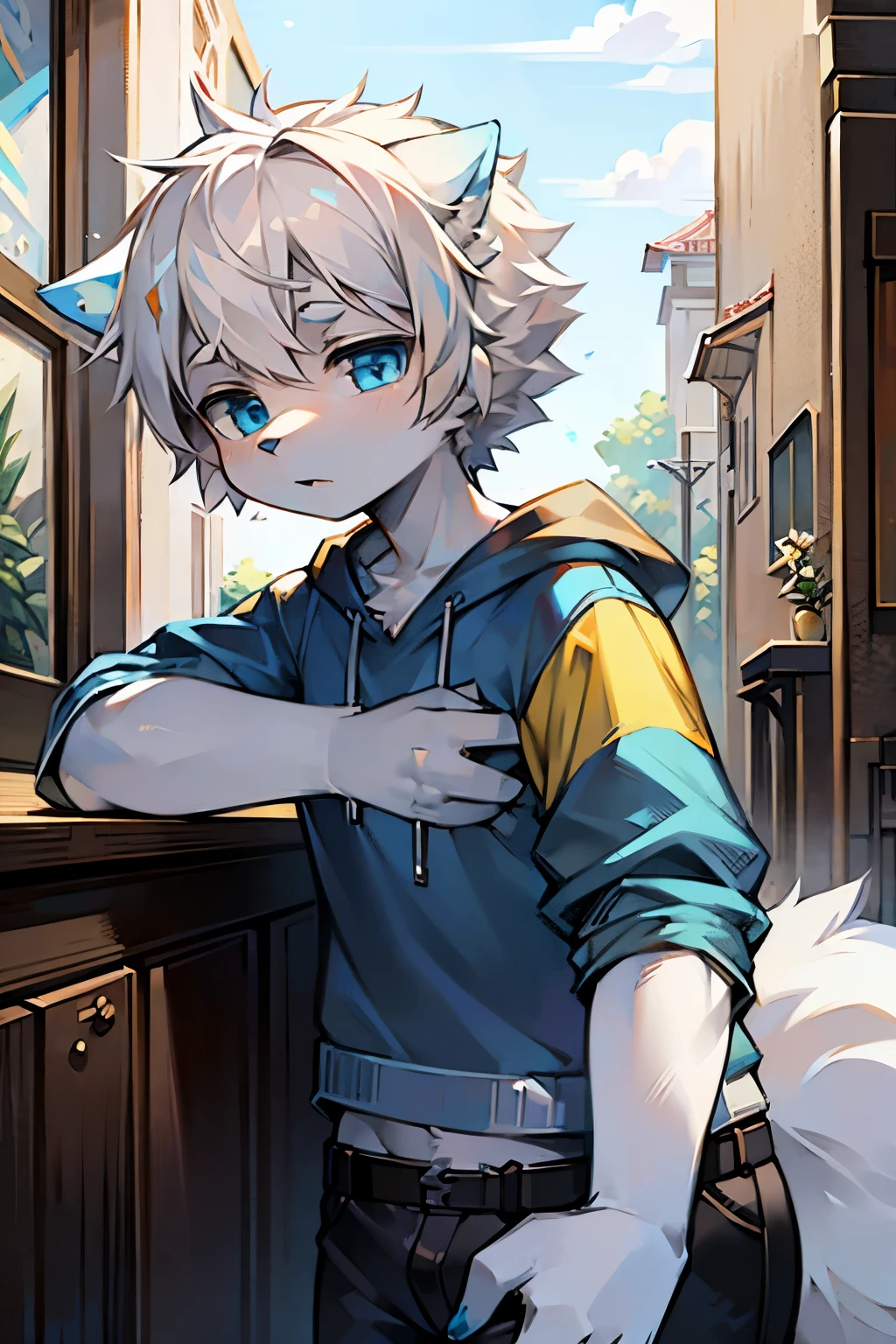 1 Chico, Wolf, white and blue fur, young people, blue eyes, messy hair, white hair, short hair, masterpiece, Very detailed, Casual clothing
