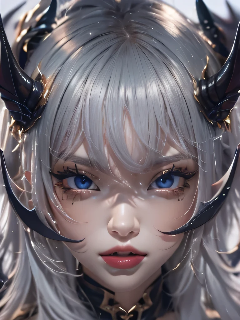 masterpiece, Raw photo,photorealism,High resolution,highest quality,High resolution, perfect composition, perfect face, perfect body, 16k,cinematic lighting,silver hair,Succubus,whip,latex,black,Charm,devilの城の背景、devil'Costume with visible collarbone、close up of face、