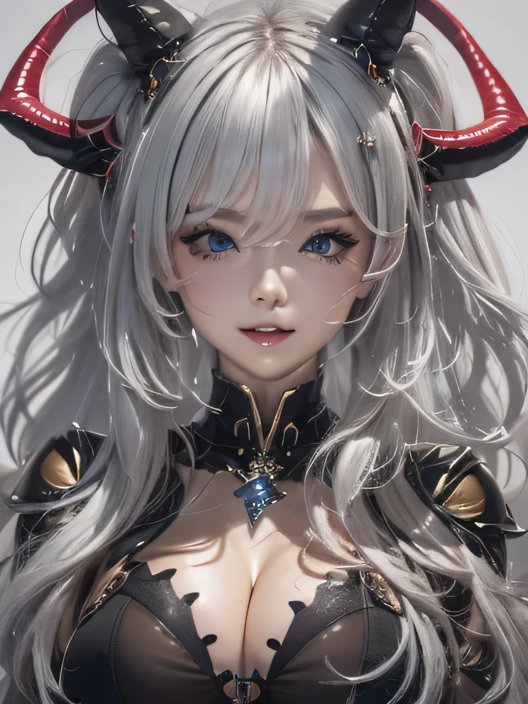 masterpiece, Raw photo,photorealism,High resolution,highest quality,High resolution, perfect composition, perfect face, perfect body, 16k,cinematic lighting,silver hair,Succubus,whip,latex,black,Charm,devilの城の背景、devil'Costume with visible collarbone、close up of face、