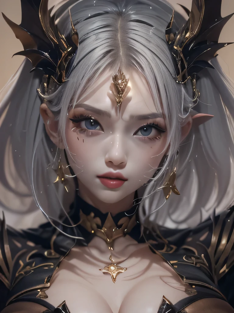 masterpiece, Raw photo，photorealism，High resolution，highest quality，High resolution, perfect composition, perfect face, perfect body, 16k，cinematic lighting，silver hair，Succubus，whip，latex，black，Charm，devilの城の背景、devil&#39;Costume with visible collarbone、close up of face、