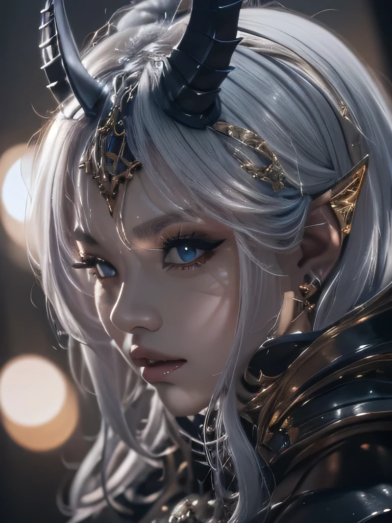 masterpiece, Raw photo,photorealism,High resolution,highest quality,High resolution, perfect composition, perfect face, perfect body, 16k,cinematic lighting,silver hair,Succubus,whip,latex,black,Charm,devilの城の背景、devil'Costume with visible collarbone、close up of face、