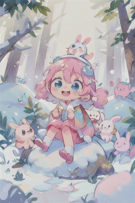 masterpiece, best quality, cute, kawaii, ((colorful)), 1 , pink blite hair, snow,shining blue eyes,wearing warm clothes,nit,forest,ice,white rabbit with her,smile