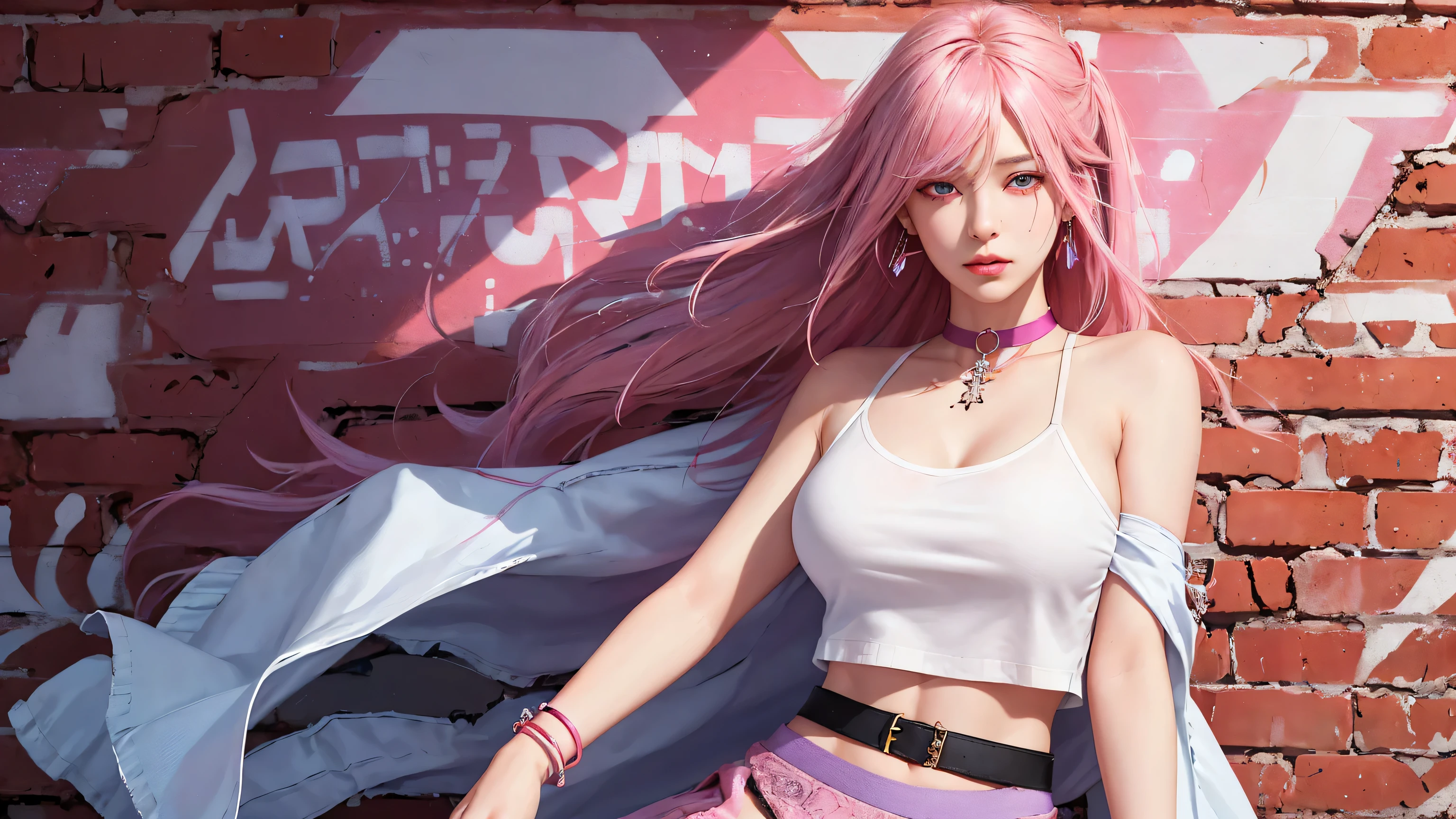 (Masterpiece, best quality, 1 girl, alone, complicated details, Chromatic aberration), realistic, ((Moderate breath)),long hair, pink hair, Red headpiece, Pink Highlights, hair on one eye,purple eyes, earring, sharp eyes, choker, Neon coat, She wears a collar, bangle, and kimono style garters., crop top, (symmetrical eyes),(Perfect symmetrical body),against the wall, Brick wall, (colorful graffiti words on the wall:1.2), The light is dim., alley ,Look at the viewer.,((((The wind blows my skirt, Reveal my panties...))))