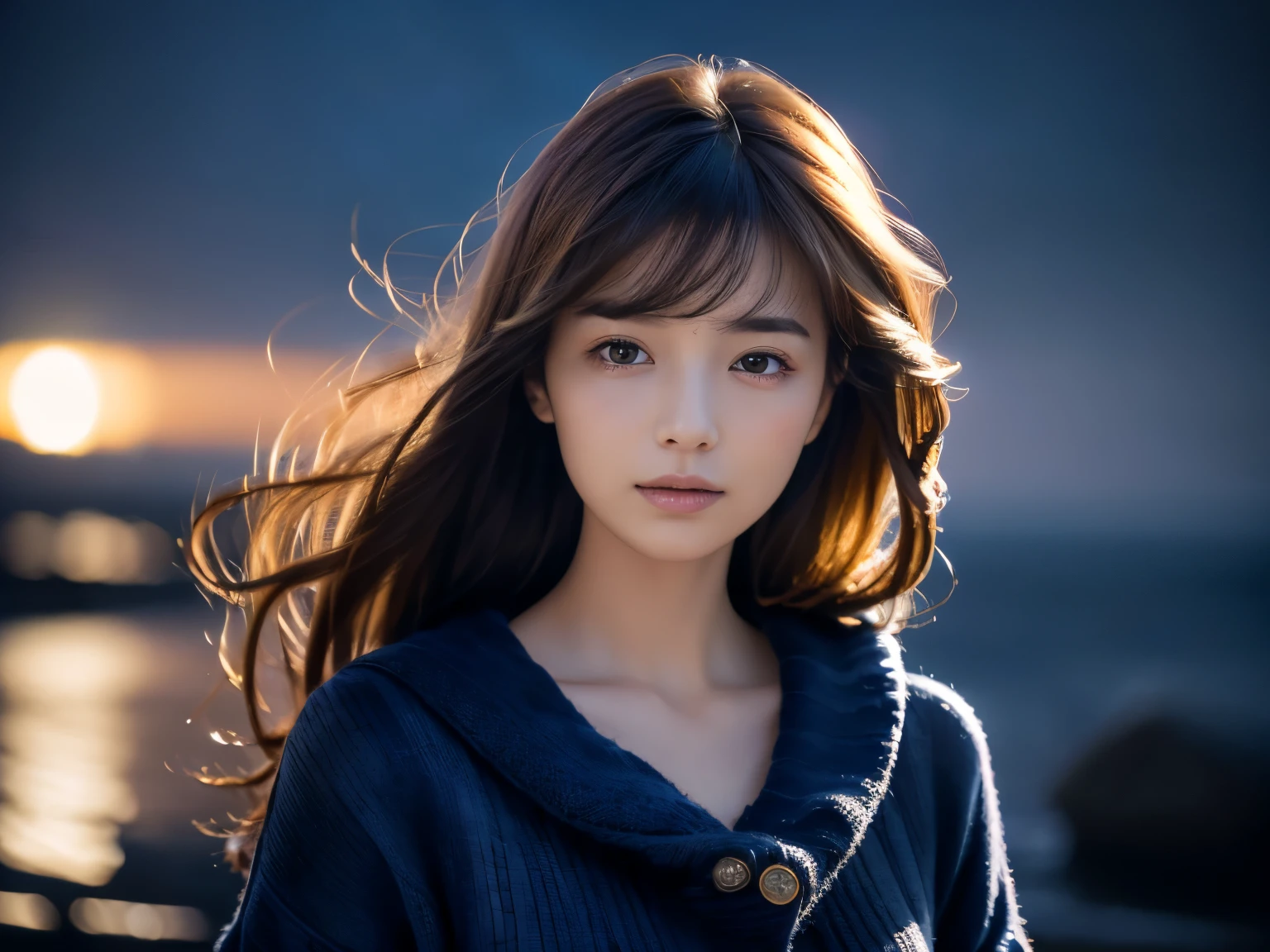 (knitwear), (top-quality,​masterpiece:1.3, Super high resolution), (ultra-detailliert,Caustics),(Photorealsitic:1.4,RAW shooting,)Ultra-realistic capture, A highly detailed, high-definition 16K for human skin, Wistful, One Woman, Japanese, kawaii, A dark-haired, Middle hair,(((Background, night sky))), (((Background of the sea where the starry sky)))), hair blowing in the wind