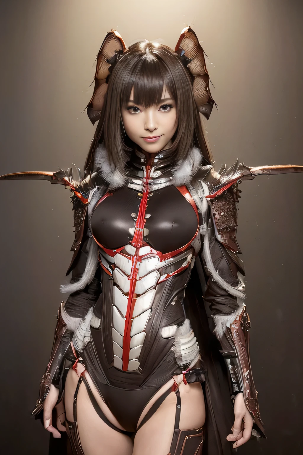 (High resolution,masterpiece,highest quality,Very detailed CG, anime, official art:1.4), realistic, photograph, amazing detail, everything is complicated, shiny and glossy,Amazing number of layers, 8K wallpaper, 3D, sketch, cute, figure,( alone:1.4), perfect female proportions,villain's daughter, (Fusion of dark brown cockroach and lady:1.4), (brown cockroach woman:1.2), (brown cockroach woman:1.2), (Fusion:1.2), (alone:1.4), (evil smile:1.2), muscular, abs, (Cockroach brown exoskeleton bio insect suit:1.4), (Cockroach brown exoskeleton bio insect armor:1.2), (brown transparent cockroach feathers:1.4), (Antennae of brown cockroaches:1.3),