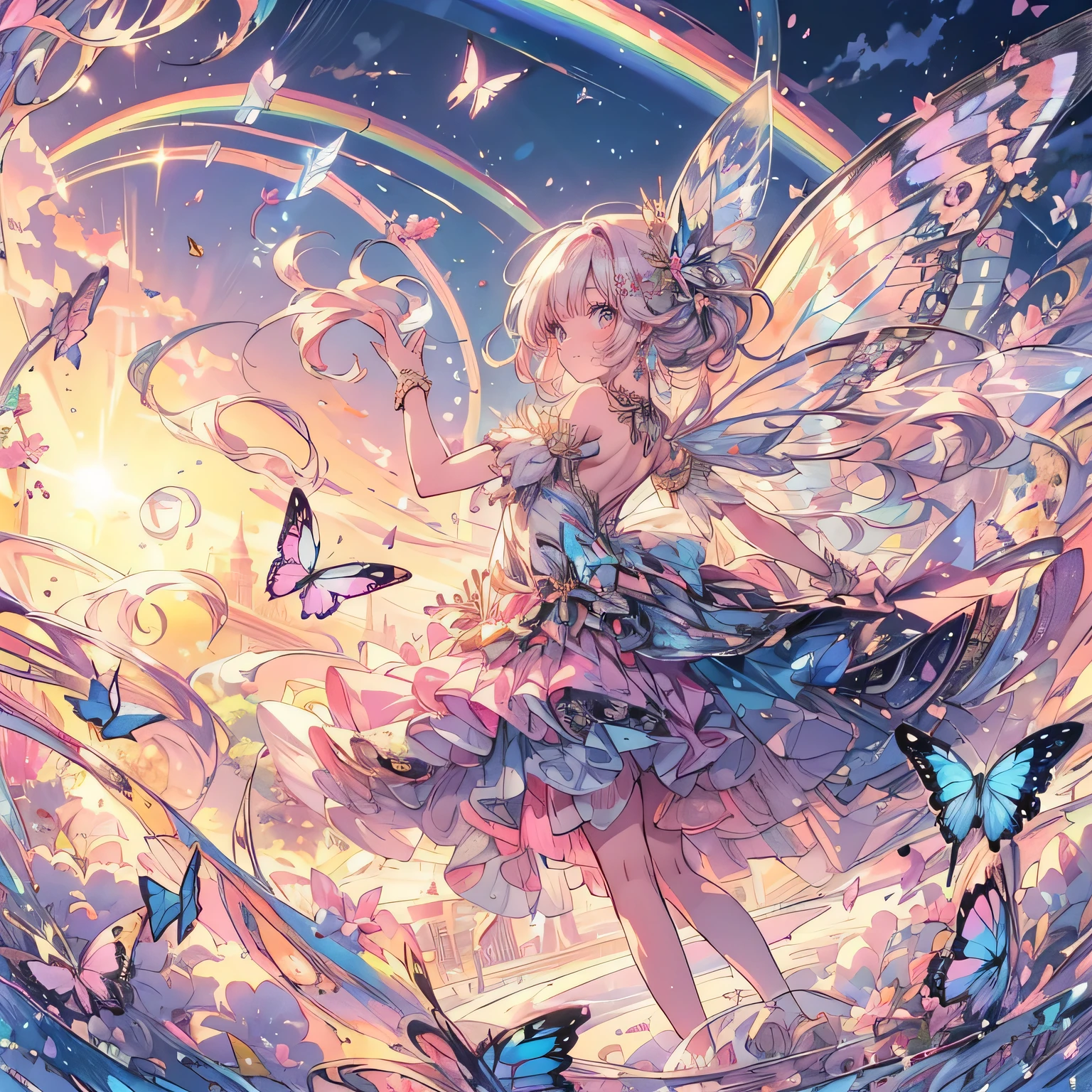 (exquisite, beautiful, very detailed, masterpiece, high quality, confused, High resolution, Full HD, Detailed background of writing,beautiful hands), (thin line:1.2,soft lines:1.2,beautiful and delicate face),(fairy princess,Has butterfly-like fairy wings.),(sun,daytime,beautiful sky,rainbow,sunの下で元気に踊る),((super wide shot,Ultra wide angle of view,whole body)), ((fun,smile,full of energy)), (medium hair:1.5), (dancer'hair ornaments,earrings,beautifulチョーカー,Gold ankles),((dancer dress,pastel colour,Fairy wings from the back)),(deep pink cheeks,plump pink lips,big bust,Fair skin, good style), (sunの光,pastel colour,bright atmosphere,colorful,highly saturated,fantasy),