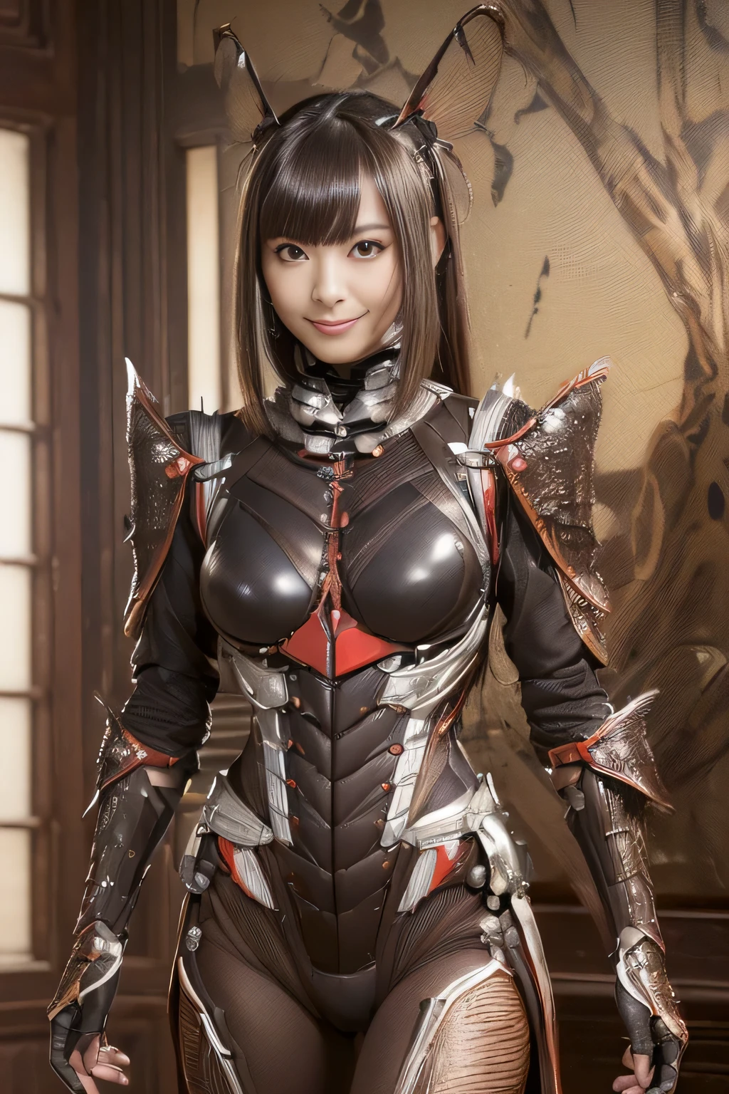 (High resolution,masterpiece,highest quality,Very detailed CG, anime, official art:1.4), realistic, photograph, amazing detail, everything is complicated, shiny and glossy,Amazing number of layers, 8K wallpaper, 3D, sketch, cute, figure,( alone:1.4), perfect female proportions,villain's daughter, (Fusion of dark brown cockroach and lady:1.4), (brown cockroach woman:1.2), (brown cockroach woman:1.2), (Fusion:1.2), (alone:1.4), (evil smile:1.2), muscular, abs, (Cockroach brown exoskeleton bio insect suit:1.4), (Cockroach brown exoskeleton bio insect armor:1.2), (brown transparent cockroach feathers:1.4), (Antennae of brown cockroaches:1.3),
