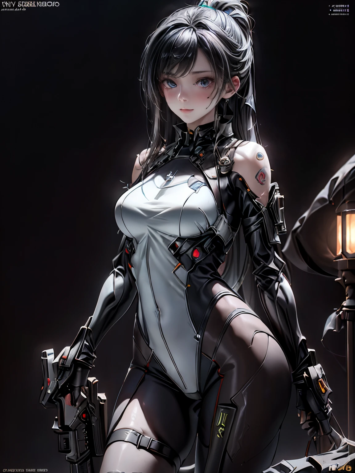 optimum,tmasterpiece,A high resolution,best qualtiy,hyper HD,super detailing,Award-Awarded,16k,独奏,(The upper part of the body),anatomy correct,Beautiful cyberpunk girl,Ex Machina,cute face,high light,Gradient Beige Hair,Hairline,((Scarlet eyes)),long eyelasher,Hanging eye corners,White skin of the,(small boobs),(Slim body),((halterneck)),((high-waist_Skirt)),(),ear studs,(neck rings),(Laser material clothing:1.2)