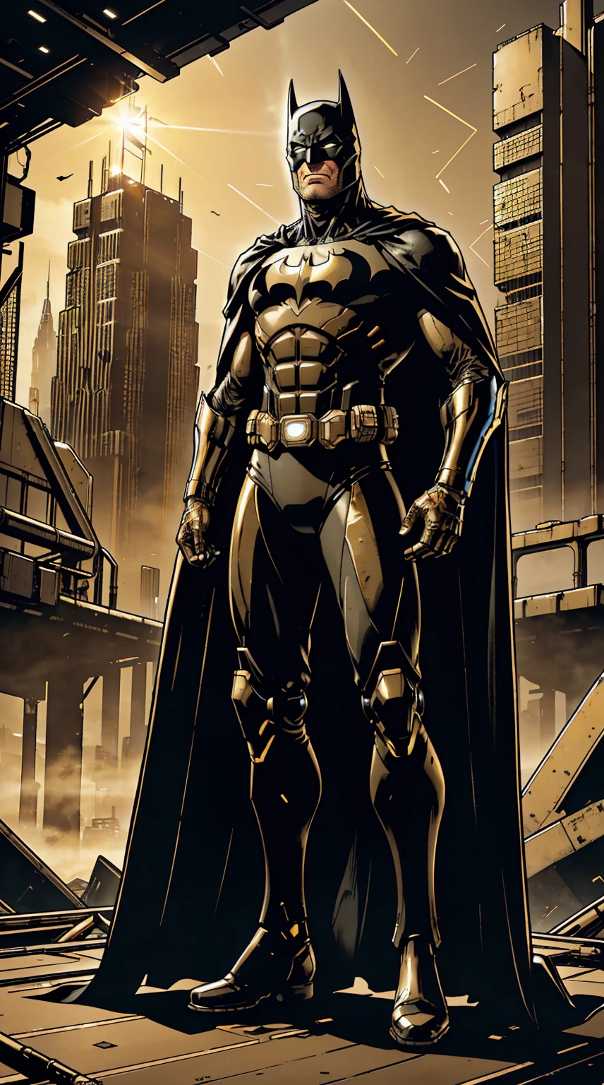 ((Full body photo,standing, feet on the ground)) RAW, Masterpiece, Ultra Fine Photo,, Best Quality, Ultra High Resolution, Photorealistic, Sunlight, Full Body Portrait, Dynamic Poses, a futuristic male Batman mech, billowing cape black and dark gold color scheme, highly detailed abandoned warehouse background, detailed face, detailed and complex busy background, messy, high detailed skin, realistic skin details, visible pores , sharp focus, volumetric fog, 8k uhd, dslr camera, high quality, film grain, fair skin, photorealism, lomography, sprawling metropolis in futuristic dystopia, view from below, translucent