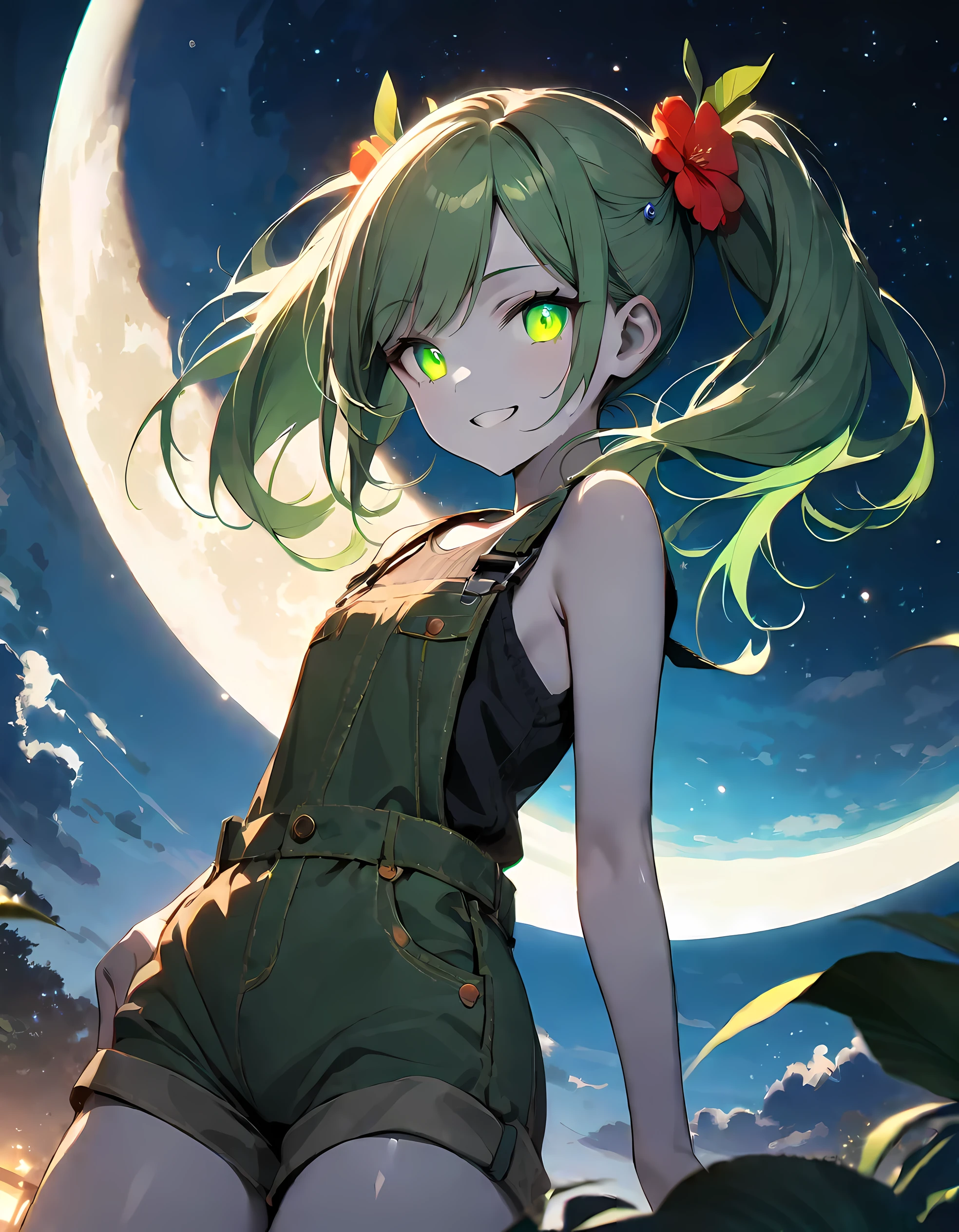 detailed, (masterpiece:1.2), (pale_skin:1.2), (solo:1.2), (female), slender, (glowing_eyes:1.2), (bright_eyes), long hair, smile, bangs, hair ornament, bare shoulders, twintails, green eyes, standing, flower, cowboy shot, outdoors, green hair, sky, sleeveless, shiny, hair flower, grin, bare arms, night, swept bangs, moon, night sky, starry sky, overalls, overall shorts