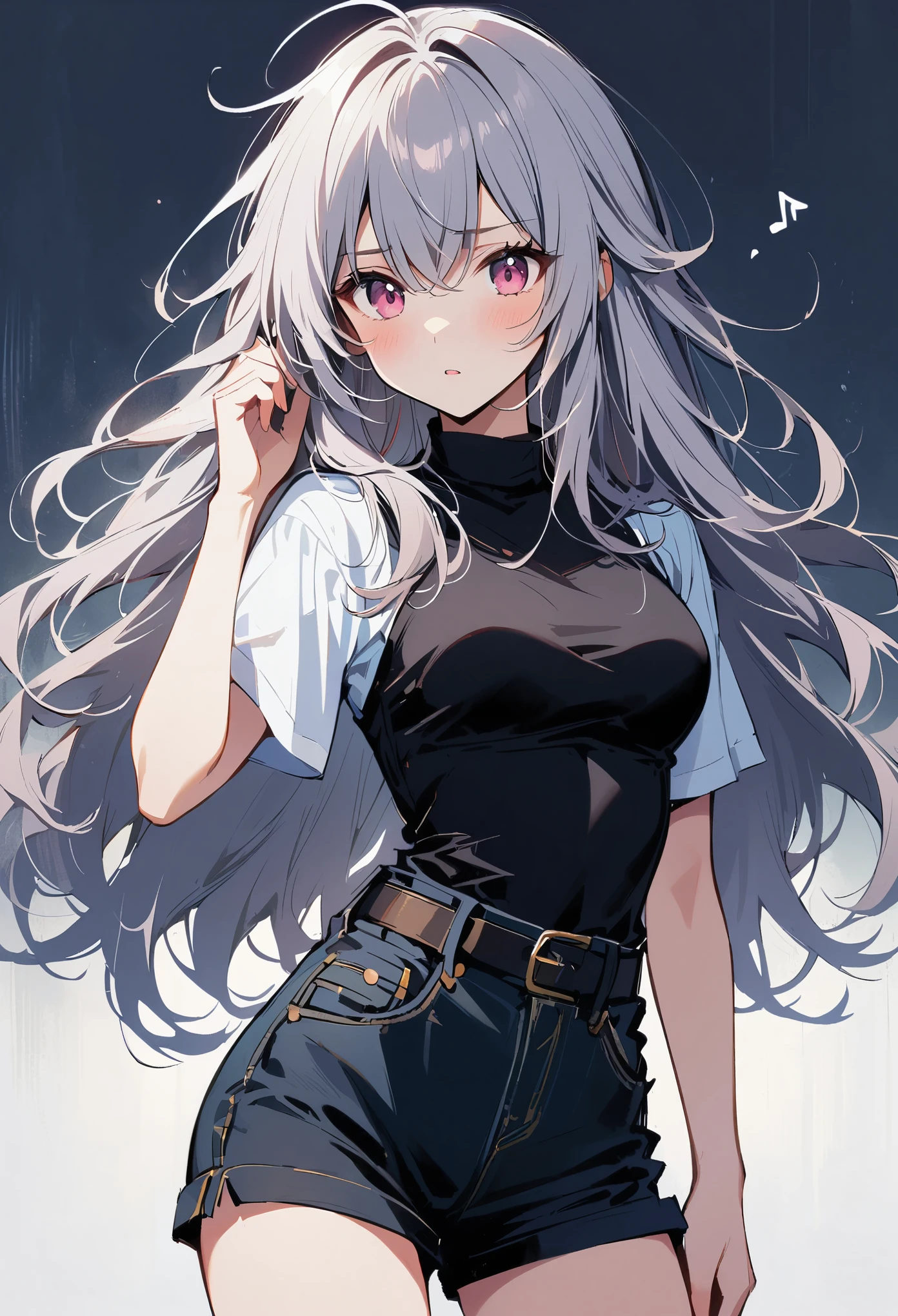 1 girl, medium breasts, blank expression, gray hair, messy hair, long hair, pink eyes, Black turtleneck with white short-sleeved shirt, black shorts, Cowboy shooting,

