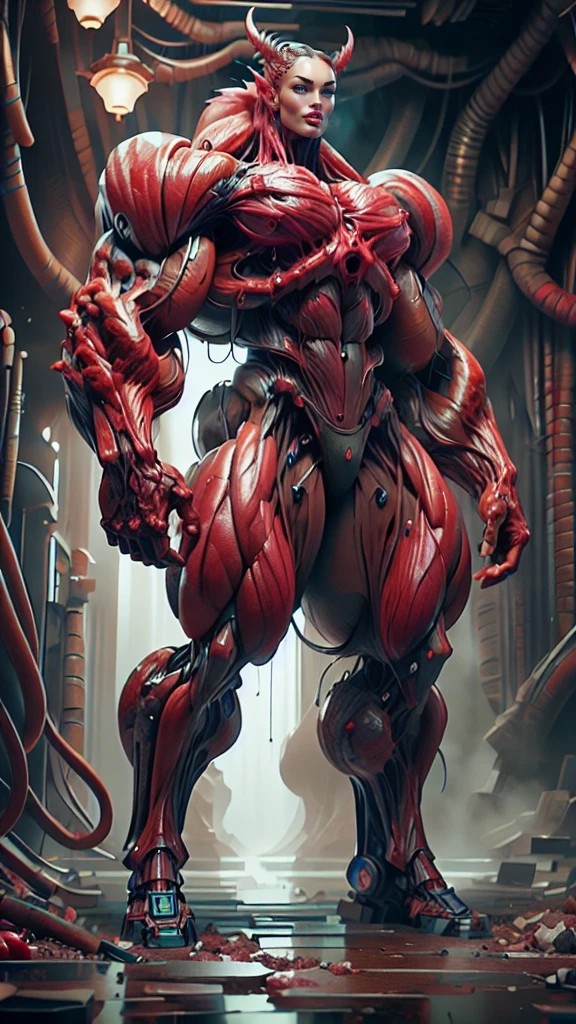 Cinematic, clear facial features and insanely detailed, the image captures the essence of (1 girl), (megan fox:1.25), (long red hair), (carnage skinless physique:1.25), (1 super muscular undead skinless succubus with gigantic horns:1.25), (covered in red necrotic rotting skinless muscle:1.25), (exposed muscles & veins everywhere:1.25), (perfect fingers:1.25) (full body pose:1.25). The color grading is beautifully done, enhancing the overall cinematic feel. Unreal Engine makes her appearance even more mesmerizing. With depth of field (DOF), every detail is focused and accentuated, drawing attention to her eyes and hair. Peak image resolution utilizing super-resolution technology ensures pixel perfection. Cinematic lighting enhances her aura, while anti-aliasing techniques like FXAA and TXAA keep the edges smooth and clean. Adding realism to the muscular bio-mecha succubus , RTX technology enables ray tracing. Additionally, SSAO (Screen Space Ambient Occlusion) gives depth and realism to the scene, the girl's presence even more convincing. In the post-processing and post-production stages, tone mapping enhances the colors, creating a captivating visual experience. The integration of CGI (Computer-Generated Imagery) and VFX (Visual Effects brings out her demonic features seamlessly . Incredible level of detail, with intricate elements meticulously crafted, the artwork hyper maximalist and hyper-realistic. Volumetric effects add depth and dimension, with unparalleled photorealism. 8k resolution rendering ensures super detailed visuals. The volumetric lighting adds a touch of magic, highlighting her beauty and aura in an otherworldly way. High Dynamic Range (HDR) tech makes the colors pop, adding richness to the overall composition. Ultimately, this artwork presents an unreal, yet stunningly real portrayal of an incredibly beautiful bio-mecha succubus girl. The sharp focus ensures that every feature is crisply defined, creating a captivating presence. (girl face:1.45)