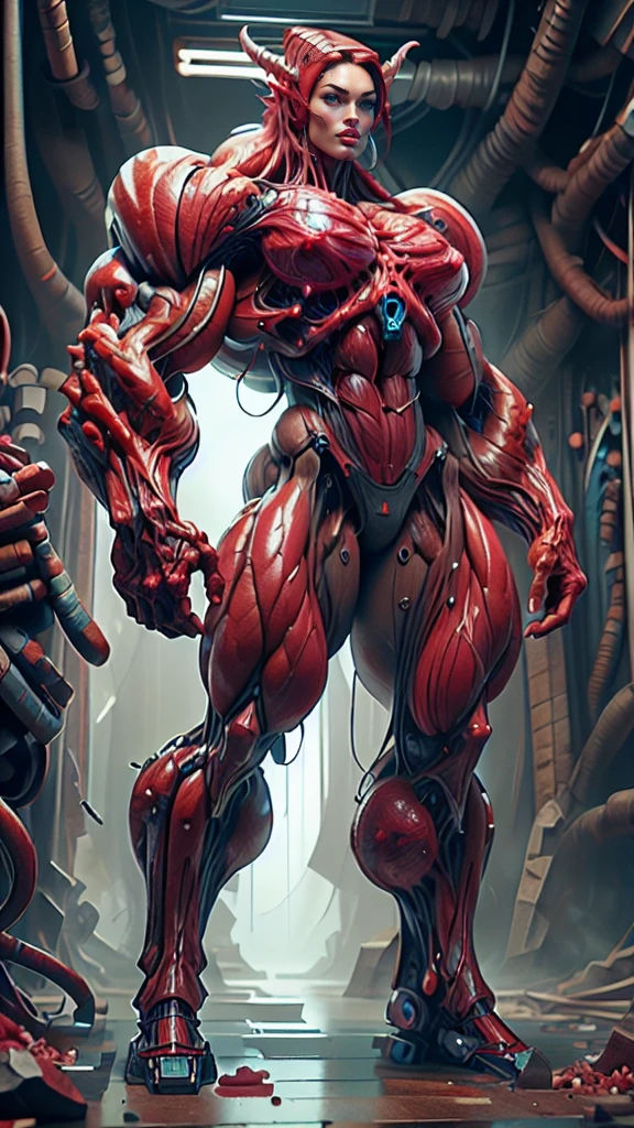 Cinematic, clear facial features and insanely detailed, the image captures the essence of (1 girl), (megan fox:1.25), (long red hair), (carnage skinless physique:1.25), (1 super muscular undead skinless succubus with gigantic horns:1.25), (covered in red necrotic rotting skinless muscle:1.25), (exposed muscles & veins everywhere:1.25), (perfect fingers:1.25) (full body pose:1.25). The color grading is beautifully done, enhancing the overall cinematic feel. Unreal Engine makes her appearance even more mesmerizing. With depth of field (DOF), every detail is focused and accentuated, drawing attention to her eyes and hair. Peak image resolution utilizing super-resolution technology ensures pixel perfection. Cinematic lighting enhances her aura, while anti-aliasing techniques like FXAA and TXAA keep the edges smooth and clean. Adding realism to the muscular bio-mecha succubus , RTX technology enables ray tracing. Additionally, SSAO (Screen Space Ambient Occlusion) gives depth and realism to the scene, the girl's presence even more convincing. In the post-processing and post-production stages, tone mapping enhances the colors, creating a captivating visual experience. The integration of CGI (Computer-Generated Imagery) and VFX (Visual Effects brings out her demonic features seamlessly . Incredible level of detail, with intricate elements meticulously crafted, the artwork hyper maximalist and hyper-realistic. Volumetric effects add depth and dimension, with unparalleled photorealism. 8k resolution rendering ensures super detailed visuals. The volumetric lighting adds a touch of magic, highlighting her beauty and aura in an otherworldly way. High Dynamic Range (HDR) tech makes the colors pop, adding richness to the overall composition. Ultimately, this artwork presents an unreal, yet stunningly real portrayal of an incredibly beautiful bio-mecha succubus girl. The sharp focus ensures that every feature is crisply defined, creating a captivating presence. (girl face:1.45)