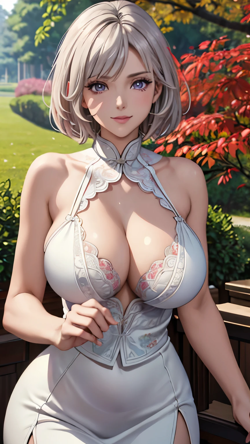 purple eyes, (highest quality, masterpiece painting:1.3), ************, (half body shot), masterpiece, ultra high resolution, (Photoreal:1.0), white short hair, beautiful shining hair, white and shining skin, ((Ultra realistic details)), octane rendering, highly detailed face, (big breasts:0.8),(sexy and cute cheongsam,red and white contrast outfit,delicate decoration:1.2), open neckline, (necklace:1.0),cleavage, perfect body, soft skin, anime face, perfect face, perfect eyes, looking at the viewer, smart, Under autumn leaves tree background, Autumn leaf petals are falling, outdoors,shrine, sharp focus, intricate details, professional artwork, (bright colors:1.1), bright colors, diffused lighting, digital blending, ultra-definition body, ultra detail hair, super detailed face, that&#39;It&#39;s trending on pixiv, top button open, Cute gaze, compensate, perfect lips, perfect compensate, Ultra-precision coating, (light_smile:1.0), (Very embarrassed:0.8),