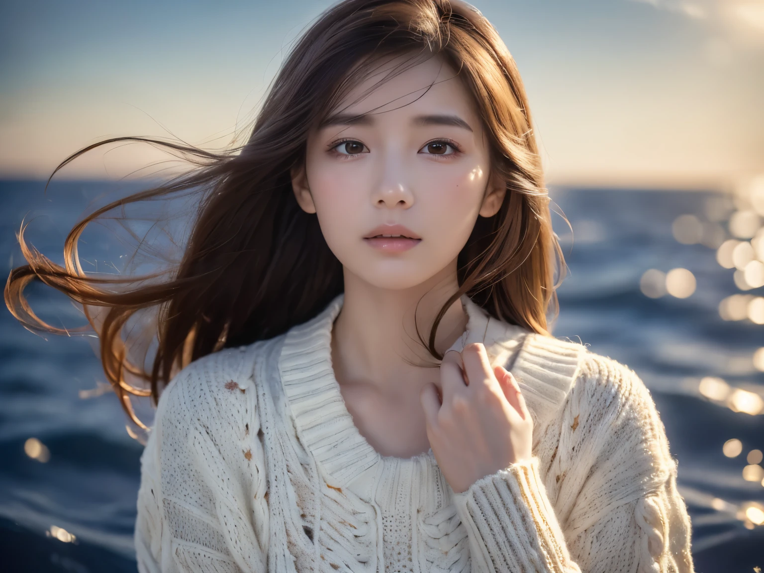 (knitwear), (top-quality,masterpiece:1.3, Super high resolution), (ultra-detailliert,Caustics),(Photorealsitic:1.4,RAW shooting,)Ultra-realistic capture, A highly detailed, high-definition 16K for human skin, Wistful, One Woman, Japanese, kawaii, A dark-haired, Middle hair,(((Background, starry sky))), (((Background of the sea where the starry sky)))), (((Looking up from behind)))), ((Sadness face)), (((looking up afar at starry sky))), (((hands together))), hair blowing in the wind