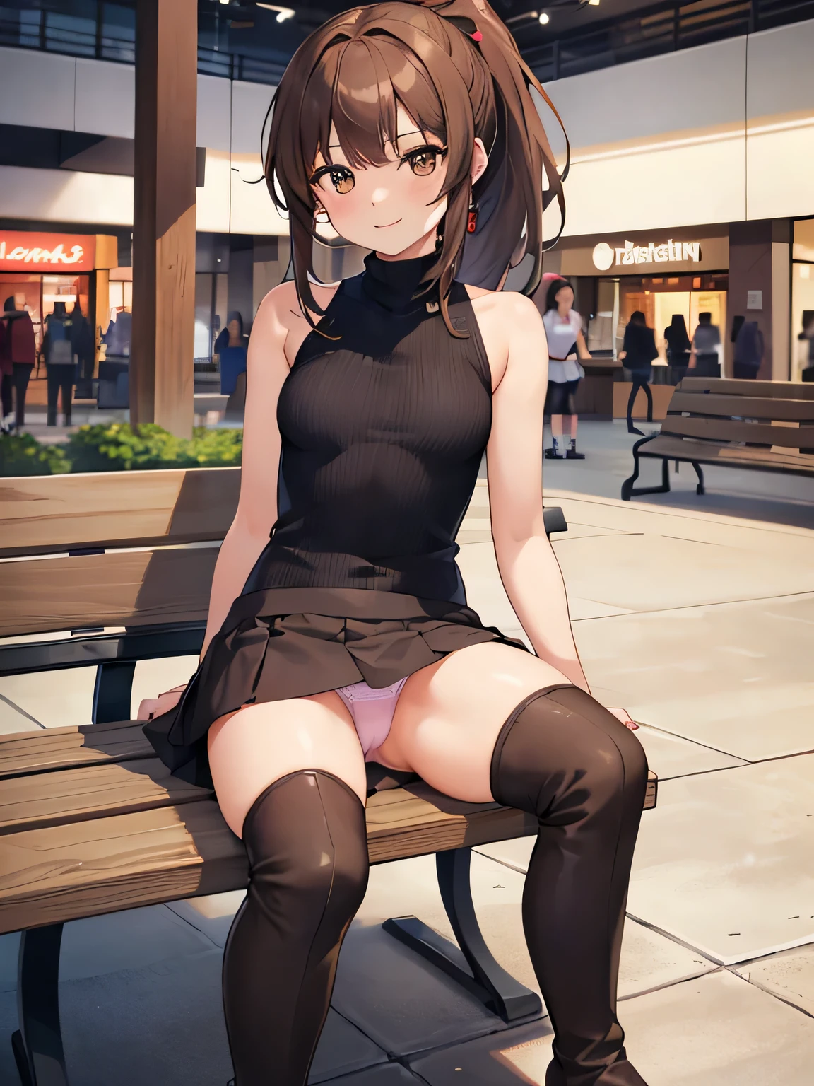 (masterpiece, highest quality, High resolution, realistic pictures, realistic skin:1.1),
(女性はShopping Mall Benchに座っている:1.8),
(she is sitting with her legs closed: 1.6),
(Please use the female panty shots facing the front.:1.8),
(grinning expression:1.5),
(She is wearing a dark red sleeveless turtleneck knit:1.8),
(She is wearing a navy flared miniskirt:1.8),
(she is wearing brown middle boots:1.8),
(The pants are in bright colors:1.2),
(brown hair in a middle ponytail:1.5),
(small face:1.5),
(Location: Shopping Mall Bench:1.5),
1 Japanese girl, alone, Full-bodied Esbian, beautiful eyes, sparkling eyes, NSFW