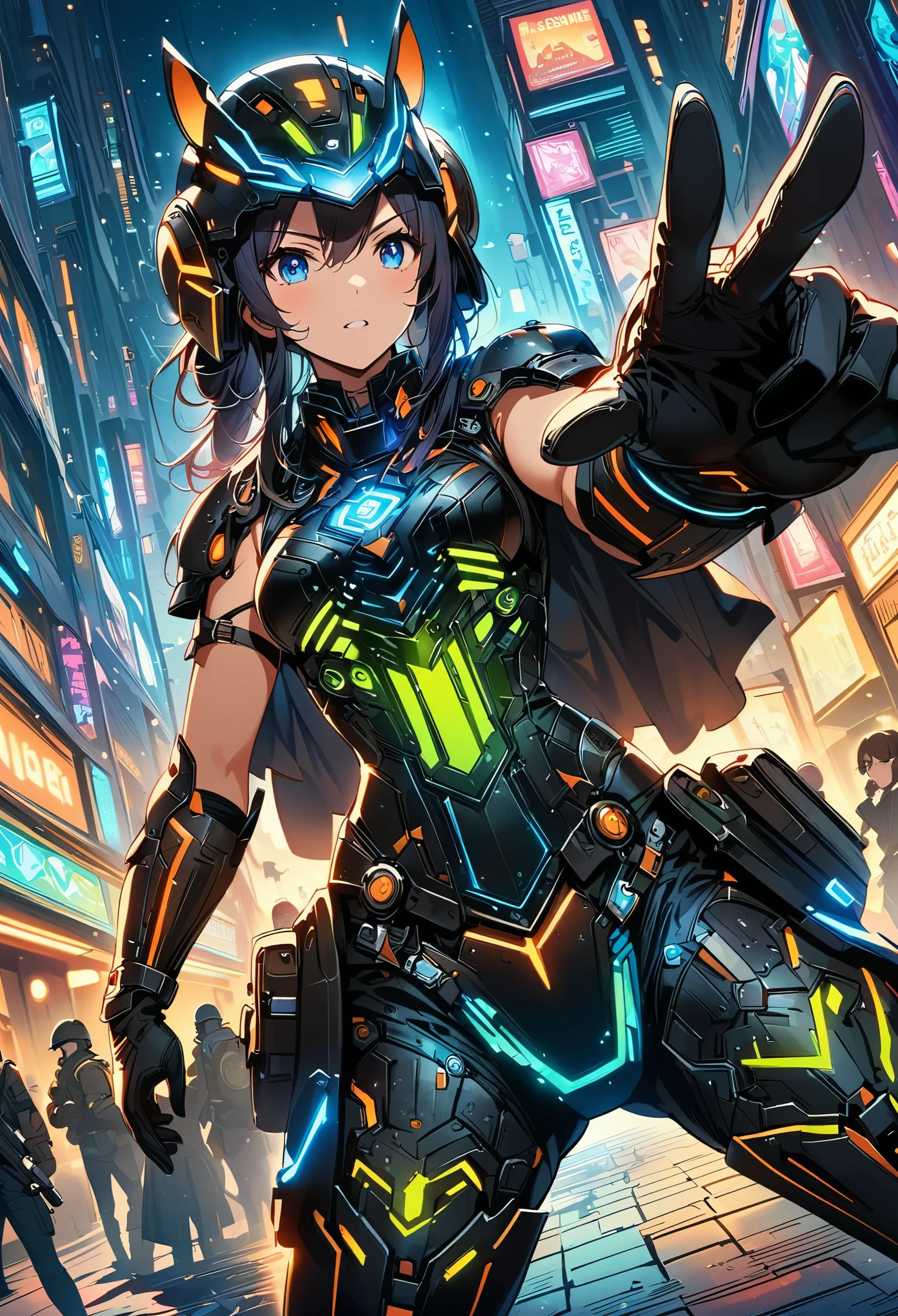 （masterpiece，quality：1.2），((wide angle，Long shot:1.6))，Create detailed cowboy shots in an illustration anime style，depict a female warrior，She wears black gloves and helmet，Wearing tactical gear，Holding a Desert Eagle pistol in both hands and pointing it at the audience，Eyes full of concentration。Her outfit includes green boots，The scene is illuminated by blue lights，Adds a fantasy atmosphere。The image should capture the intricate details of her outfit and expression，Emphasis on warrior dynamics and strong character。Extremely fantastic，