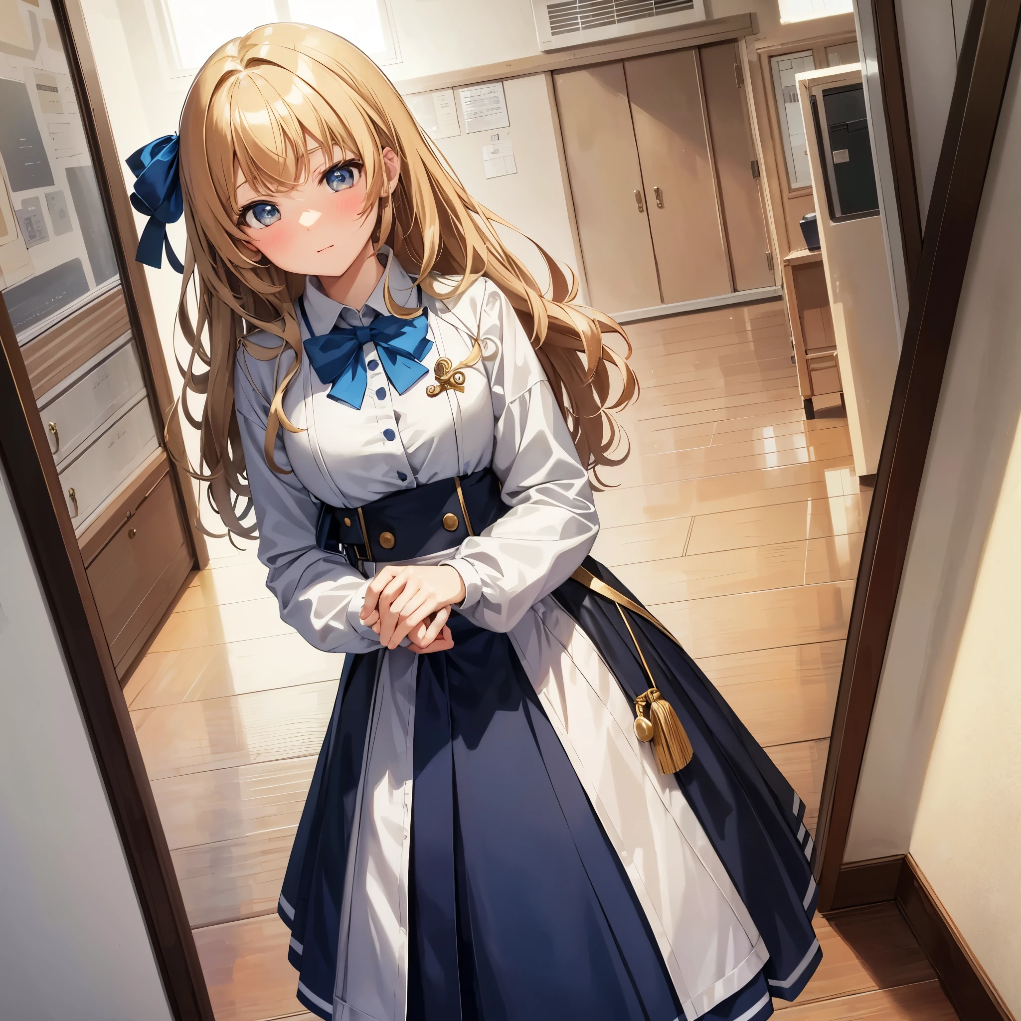master piece，excellent quality，very colorful，A woman called、，Anime-style girl、(1 girl)、high school girl uniform、、（girls school uniform），（gal），（A slightly embarrassed face），beige hair，High contrast shiny oily skin，software，standing position、looking at the camera、