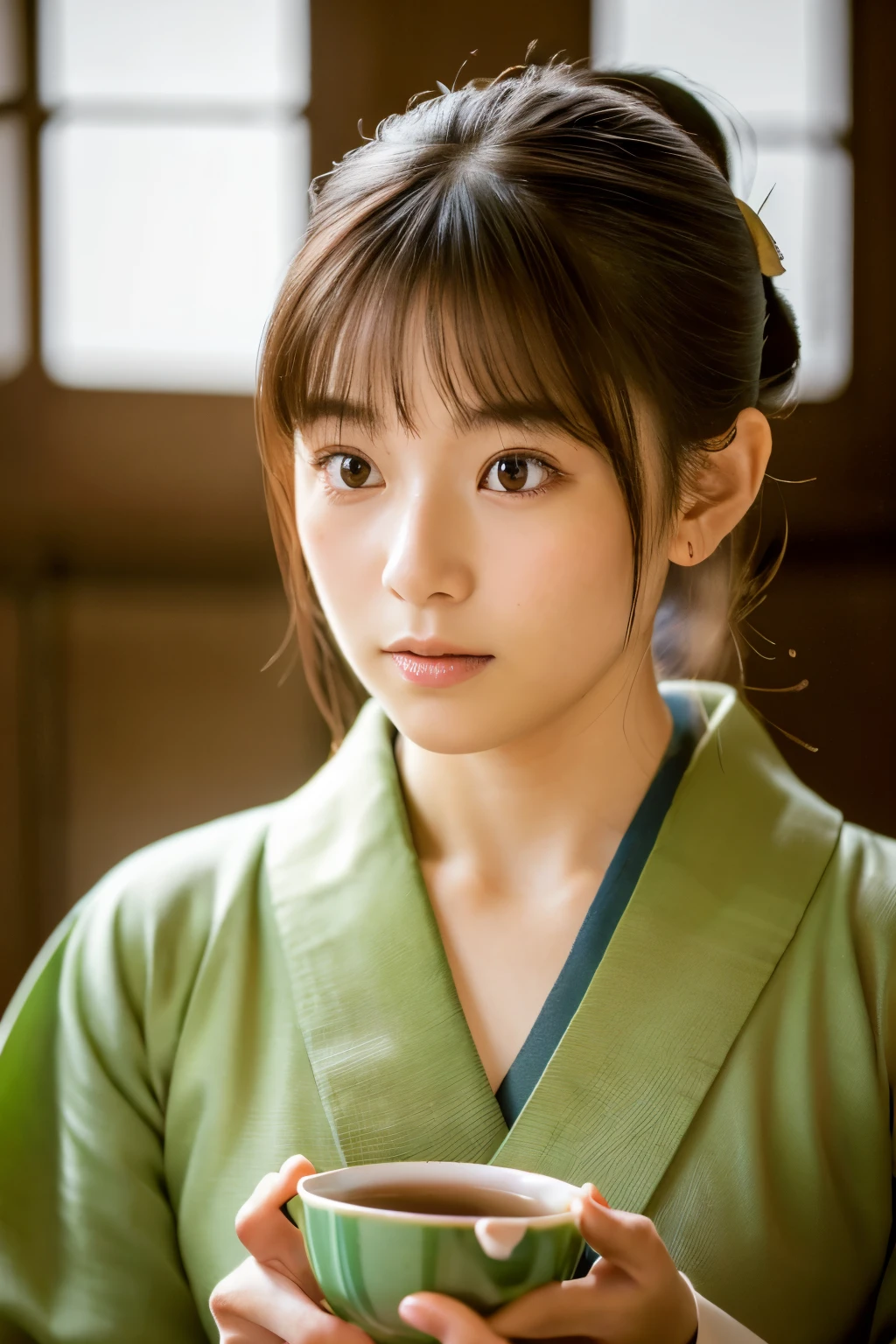 highest quality, face focus, soft light, ultra high resolution, (realistic:1.4), Raw photo,
1 japanese girl, alone, cute, (pupil, light in the eyes),  detailed beautiful face,(High resolution details of human skin texture),
(long hair),Matcha tea bowl、tatami、Inside the Kimono House,tea ceremony、

(portrait)