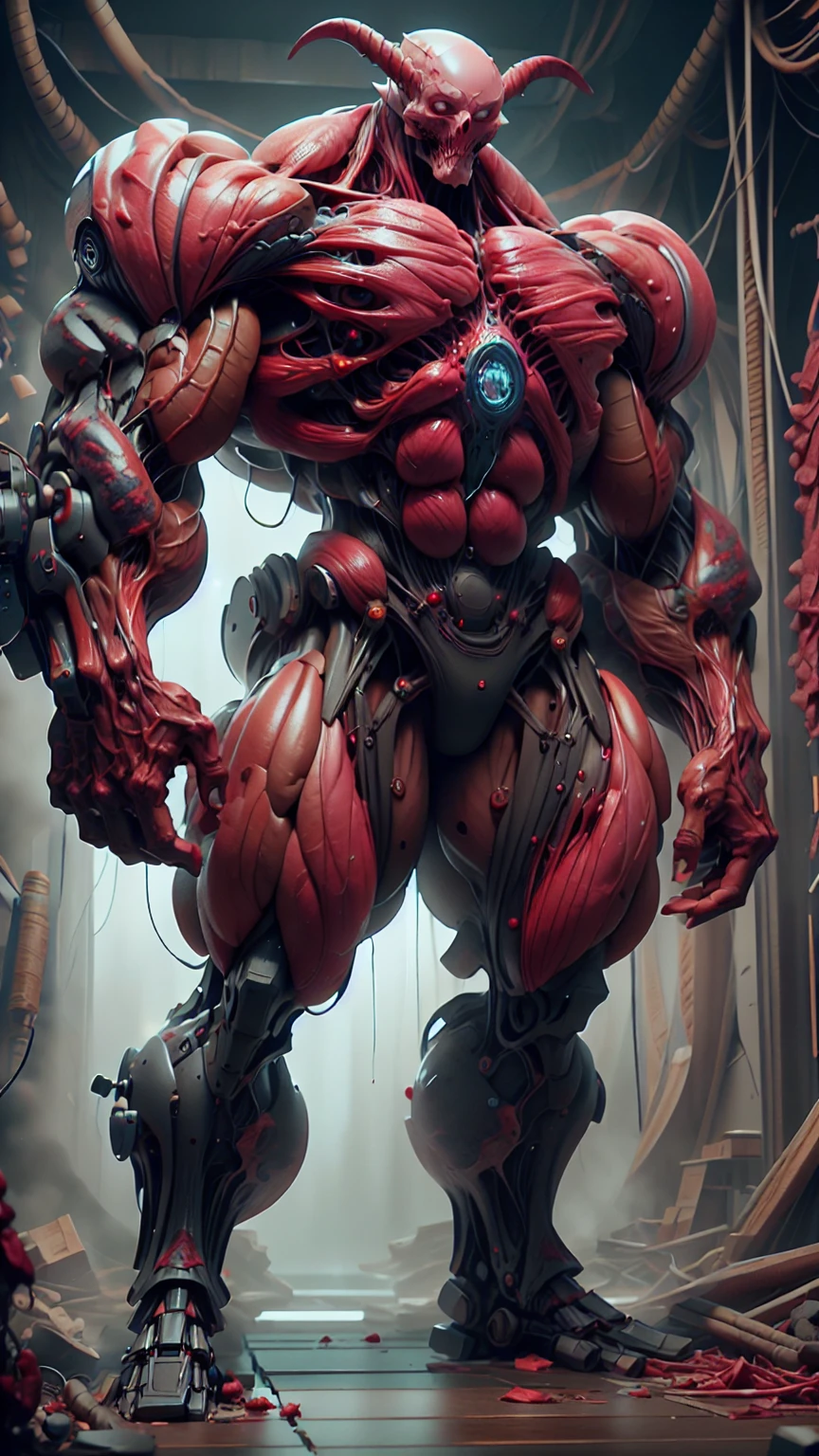 Cinematic, clear facial features and insanely detailed, the image captures the essence of (1 girl), (megan fox:1.25), (long red hair), (carnage skinless physique:1.25), (1 super muscular undead skinless succubus with gigantic horns:1.25), (covered in red necrotic rotting skinless muscle:1.25), (exposed muscles & veins everywhere:1.25), (perfect fingers:1.25) (full body pose:1.25). The color grading is beautifully done, enhancing the overall cinematic feel. Unreal Engine makes her appearance even more mesmerizing. With depth of field (DOF), every detail is focused and accentuated, drawing attention to her eyes and hair. Peak image resolution utilizing super-resolution technology ensures pixel perfection. Cinematic lighting enhances her aura, while anti-aliasing techniques like FXAA and TXAA keep the edges smooth and clean. Adding realism to the muscular bio-mecha succubus , RTX technology enables ray tracing. Additionally, SSAO (Screen Space Ambient Occlusion) gives depth and realism to the scene, the girl's presence even more convincing. In the post-processing and post-production stages, tone mapping enhances the colors, creating a captivating visual experience. The integration of CGI (Computer-Generated Imagery) and VFX (Visual Effects brings out her demonic features seamlessly . Icredible level of detail, with intricate elements meticulously crafted, the artwork hyper maximalist and hyper-realistic. Volumetric effects add depth and dimension, with unparalleled photorealism. 8k resolution rendering ensures super detailed visuals. The volumetric lighting adds a touch of magic, highlighting her beauty and aura in an otherworldly way. High Dynamic Range (HDR) tech makes the colors pop, adding richness to the overall composition. Ultimately, this artwork presents an unreal, yet stunningly real portrayal of an incredibly beautiful bio-mecha succubus girl. The sharp focus ensures that every feature is crisply defined, creating a captivating presence.
