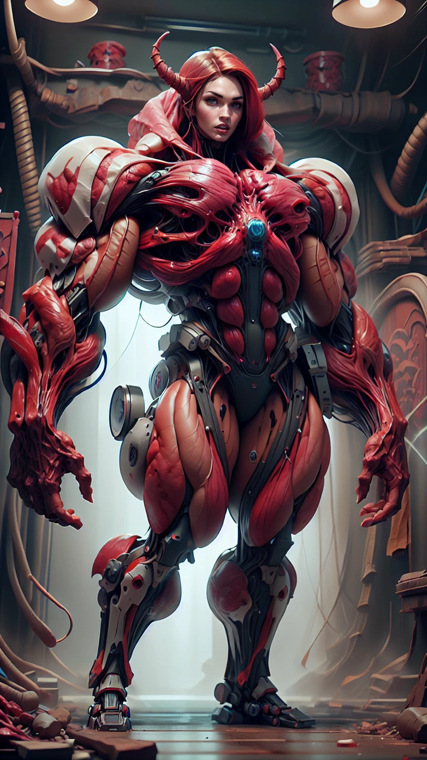 Cinematic, clear facial features and insanely detailed, the image captures the essence of (1 girl), (megan fox:1.25), (long red hair), (carnage skinless physique:1.25), (1 super muscular undead skinless succubus with gigantic horns:1.25), (covered in red necrotic rotting skinless muscle:1.25), (exposed muscles & veins everywhere:1.25), (perfect fingers:1.25) (full body pose:1.25). The color grading is beautifully done, enhancing the overall cinematic feel. Unreal Engine makes her appearance even more mesmerizing. With depth of field (DOF), every detail is focused and accentuated, drawing attention to her eyes and hair. Peak image resolution utilizing super-resolution technology ensures pixel perfection. Cinematic lighting enhances her aura, while anti-aliasing techniques like FXAA and TXAA keep the edges smooth and clean. Adding realism to the muscular bio-mecha succubus , RTX technology enables ray tracing. Additionally, SSAO (Screen Space Ambient Occlusion) gives depth and realism to the scene, the girl's presence even more convincing. In the post-processing and post-production stages, tone mapping enhances the colors, creating a captivating visual experience. The integration of CGI (Computer-Generated Imagery) and VFX (Visual Effects brings out her demonic features seamlessly . Icredible level of detail, with intricate elements meticulously crafted, the artwork hyper maximalist and hyper-realistic. Volumetric effects add depth and dimension, with unparalleled photorealism. 8k resolution rendering ensures super detailed visuals. The volumetric lighting adds a touch of magic, highlighting her beauty and aura in an otherworldly way. High Dynamic Range (HDR) tech makes the colors pop, adding richness to the overall composition. Ultimately, this artwork presents an unreal, yet stunningly real portrayal of an incredibly beautiful bio-mecha succubus girl. The sharp focus ensures that every feature is crisply defined, creating a captivating presence.