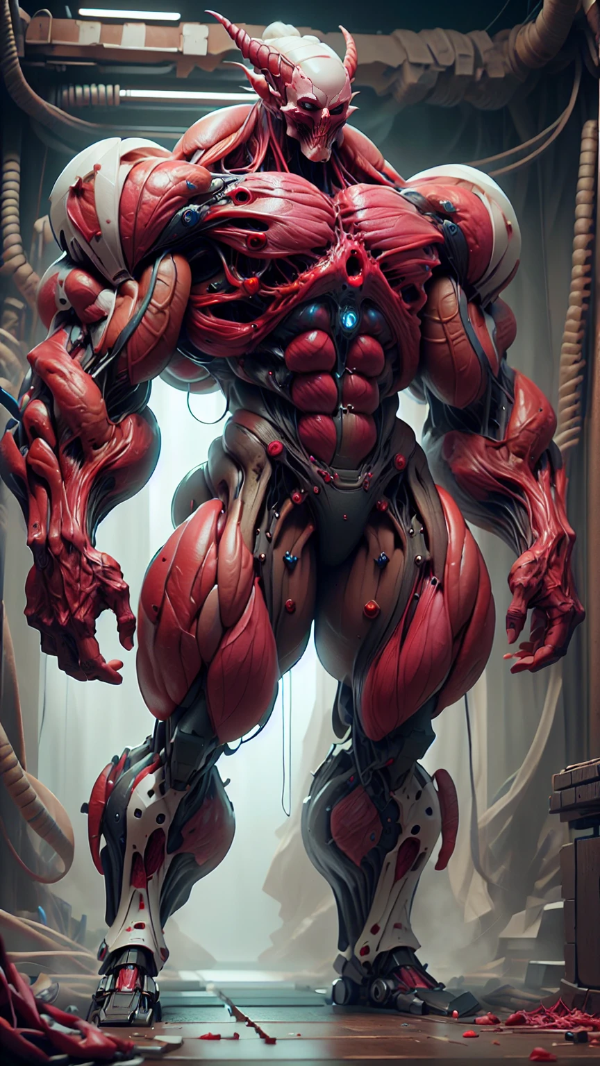 Cinematic, clear facial features and insanely detailed, the image captures the essence of (1 girl), (megan fox:1.25), (long red hair), (carnage skinless physique:1.25), (1 super muscular undead skinless succubus with gigantic horns:1.25), (covered in red necrotic rotting skinless muscle:1.25), (exposed muscles & veins everywhere:1.25), (perfect fingers:1.25) (full body pose:1.25). The color grading is beautifully done, enhancing the overall cinematic feel. Unreal Engine makes her appearance even more mesmerizing. With depth of field (DOF), every detail is focused and accentuated, drawing attention to her eyes and hair. Peak image resolution utilizing super-resolution technology ensures pixel perfection. Cinematic lighting enhances her aura, while anti-aliasing techniques like FXAA and TXAA keep the edges smooth and clean. Adding realism to the muscular bio-mecha succubus , RTX technology enables ray tracing. Additionally, SSAO (Screen Space Ambient Occlusion) gives depth and realism to the scene, the girl's presence even more convincing. In the post-processing and post-production stages, tone mapping enhances the colors, creating a captivating visual experience. The integration of CGI (Computer-Generated Imagery) and VFX (Visual Effects brings out her demonic features seamlessly . Icredible level of detail, with intricate elements meticulously crafted, the artwork hyper maximalist and hyper-realistic. Volumetric effects add depth and dimension, with unparalleled photorealism. 8k resolution rendering ensures super detailed visuals. The volumetric lighting adds a touch of magic, highlighting her beauty and aura in an otherworldly way. High Dynamic Range (HDR) tech makes the colors pop, adding richness to the overall composition. Ultimately, this artwork presents an unreal, yet stunningly real portrayal of an incredibly beautiful bio-mecha succubus girl. The sharp focus ensures that every feature is crisply defined, creating a captivating presence.