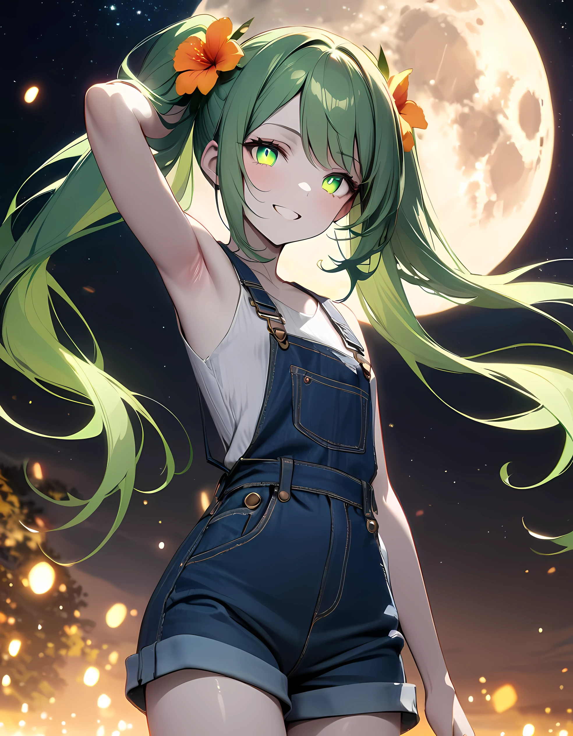 detailed, (masterpiece:1.2), (pale_skin:1.2), (solo:1.2), (female), slender, (glowing_eyes:1.2), (bright_eyes), long hair, smile, bangs, shirt, hair ornament, bare shoulders, twintails, green eyes, standing, flower, cowboy shot, outdoors, green hair, sky, sleeveless, shiny, hair flower, grin, bare arms, night, swept bangs, moon, night sky, starry sky, overalls, overall shorts