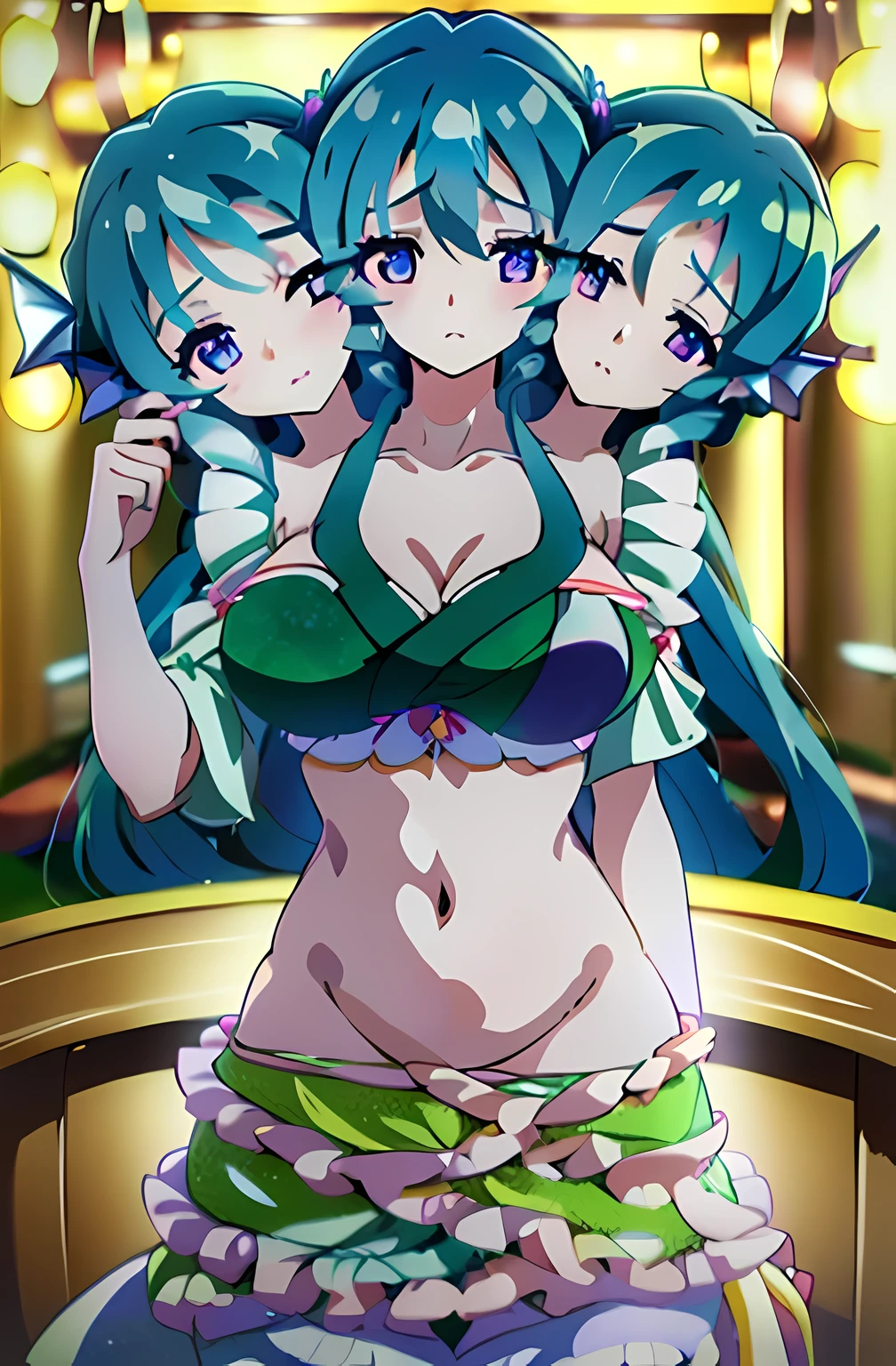 (masterpiece, best quality), best quality, (ultra-detailed), (3heads:1.5), 1girl, (ultra-detailed), (3heads:1.5), 1girl, (wakasagihime:1.3), masterpiece, best quality, ultra quality, ultra resolution, green top, crop top, ((stomach)), midriff, ((groin)), green skirt, normal ears, shackles, blue hair, very long hair, wavy hair, sidelocks, blue eyes, parted lips, single horn, sweat, cute, toned belly, hand on own chest, eyelashes, (24 year old woman:1.3), (masterpiece:1.5), (best quality:1.5), (beautiful detailed), extremely detailed CG, extremely delicate and beautiful, depth of field, (finely detailed face), (perfect details:1.2), (mature female:1.3), wide pelvis, slender, large veiny breast, 16k resolution, high quality, high definition, extremely detailed, masterpiece, best quality, blue hair, long hair, alluring presence, braid, short skirt, close up, big , young, drill hair, mermaid, japanese clothes, frills,
