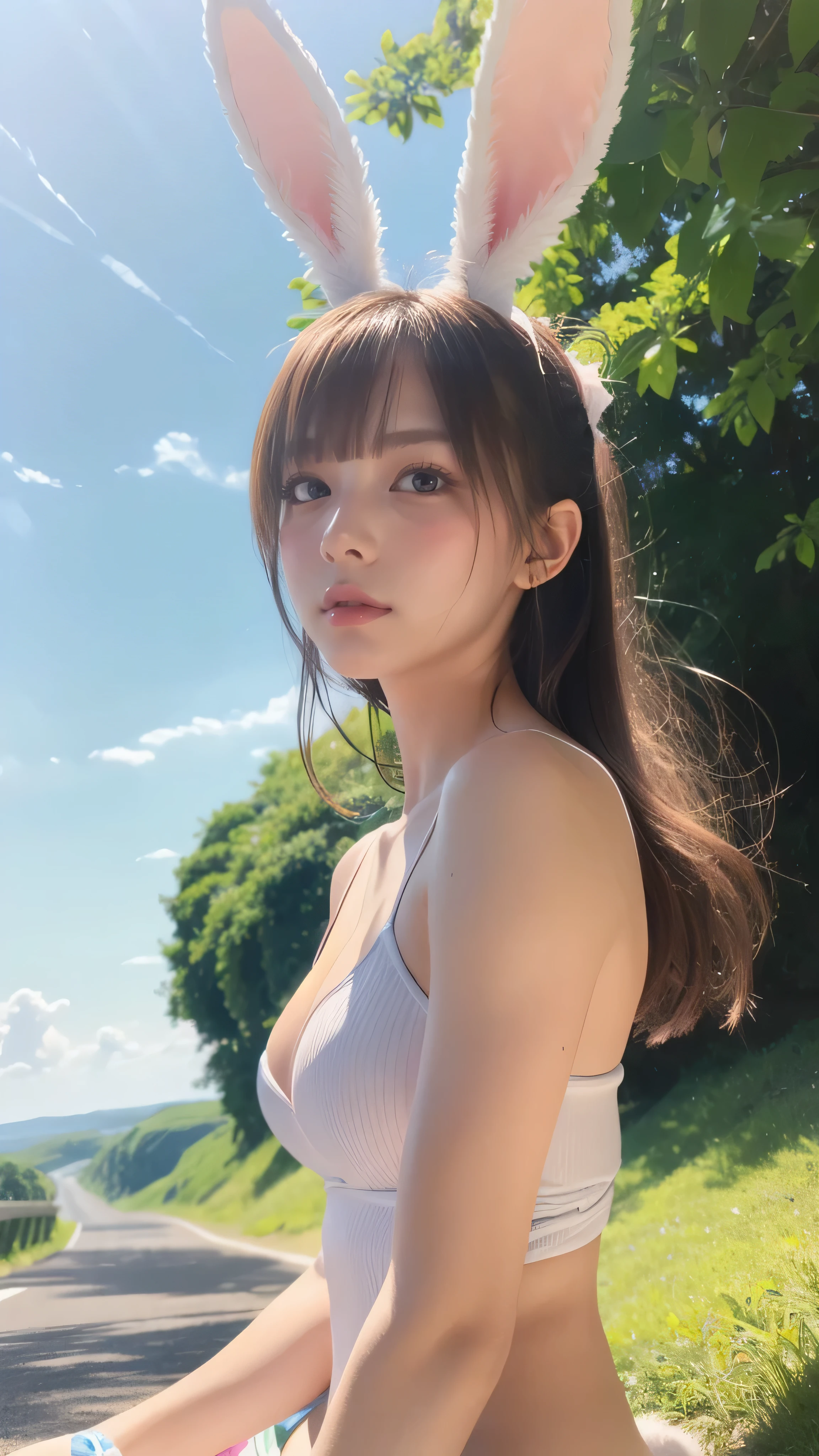 Bunny ears,absurd, super detailed,bright colors,(8k:1.5),Masseter muscle part,very beautiful detailed face and eyes、summer morning、Ghibli,summer country road,25years old,fullbody,topless