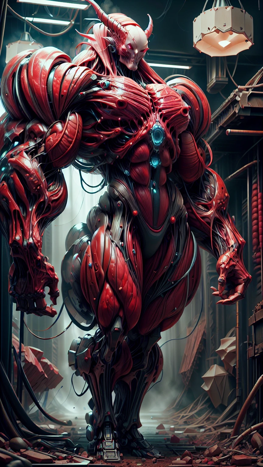 Cinematic, clear facial features and insanely detailed, the image captures the essence of (1 girl), (megan fox:1.25), (long red hair), (carnage skinless physique:1.25), (1 super muscular undead skinless succubus with gigantic horns:1.25), (covered in red necrotic rotting skinless muscle:1.25), (exposed muscles & veins everywhere:1.25), (perfect fingers:1.25) (full body pose:1.25). The color grading is beautifully done, enhancing the overall cinematic feel. Unreal Engine makes her appearance even more mesmerizing. With depth of field (DOF), every detail is focused and accentuated, drawing attention to her eyes and hair. Peak image resolution utilizing super-resolution technology ensures pixel perfection. Cinematic lighting enhances her aura, while anti-aliasing techniques like FXAA and TXAA keep the edges smooth and clean. Adding realism to the muscular bio-mecha succubus , RTX technology enables ray tracing. Additionally, SSAO (Screen Space Ambient Occlusion) gives depth and realism to the scene, the girl's presence even more convincing. In the post-processing and post-production stages, tone mapping enhances the colors, creating a captivating visual experience. The integration of CGI (Computer-Generated Imagery) and VFX (Visual Effects brings out her demonic features seamlessly . Icredible level of detail, with intricate elements meticulously crafted, the artwork hyper maximalist and hyper-realistic. Volumetric effects add depth and dimension, with unparalleled photorealism. 8k resolution rendering ensures super detailed visuals. The volumetric lighting adds a touch of magic, highlighting her beauty and aura in an otherworldly way. High Dynamic Range (HDR) tech makes the colors pop, adding richness to the overall composition. Ultimately, this artwork presents an unreal, yet stunningly real portrayal of an incredibly beautiful bio-mecha succubus girl. The sharp focus ensures that every feature is crisply defined, creating a captivating presence.