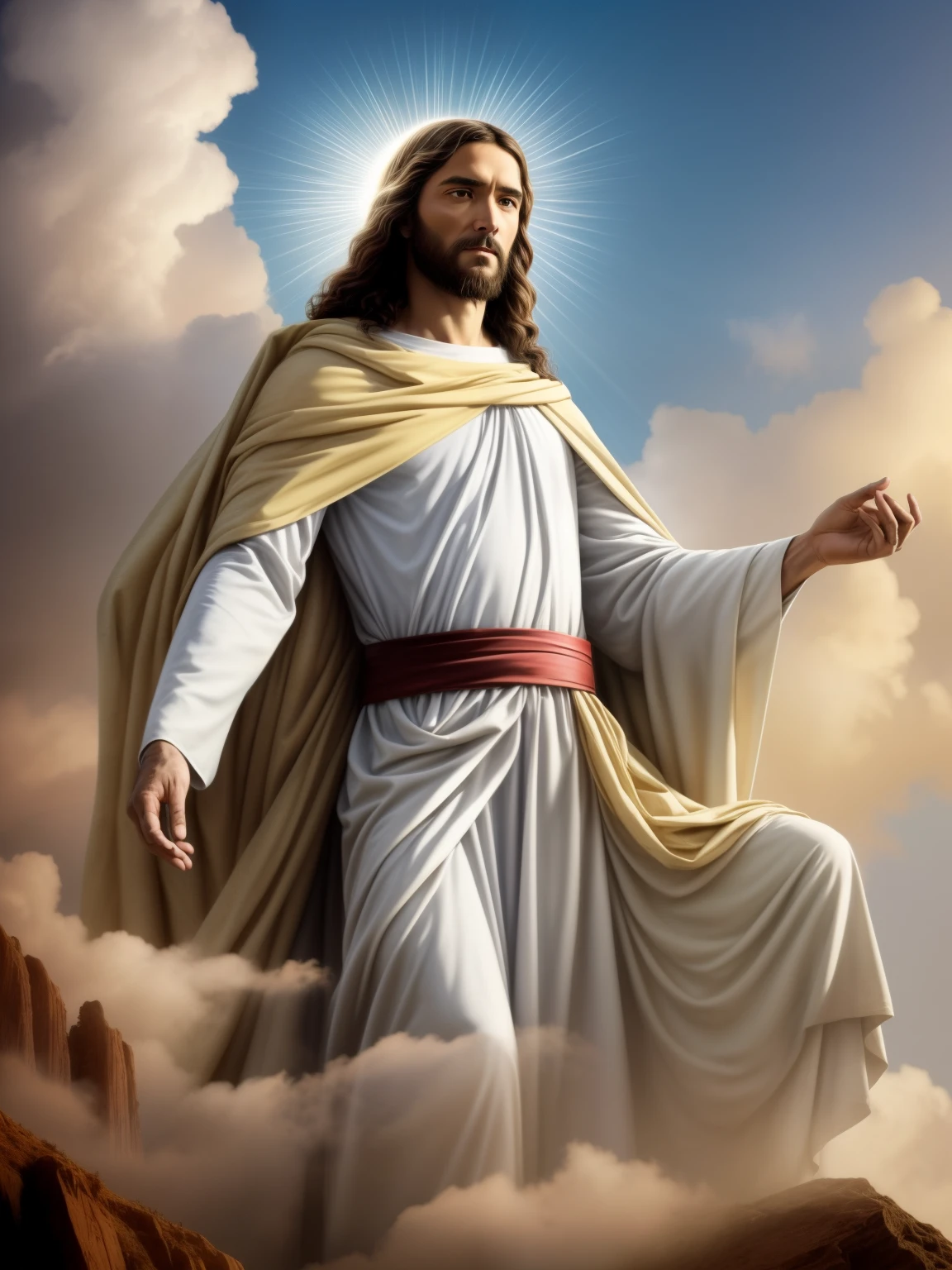 ((Jesus de Nazareth)), planant au-dessus des nuages, 33 ans, tout le corps, Jesus christ, Jesus, Dieu du ciel, habillé en Jesus-Christ, Le Seigneur et Sauveur, le Dieu du ciel, glorieux Jesus, sortant des nuages