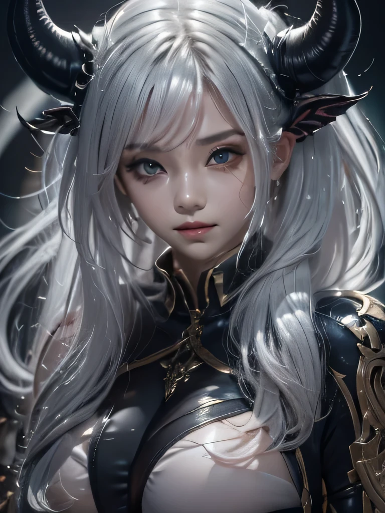 masterpiece, Raw photo，photorealism，High resolution，highest quality，High resolution, perfect composition, perfect face, perfect body, 16k，cinematic lighting，silver hair，Succubus，whip，latex，black，Charm，devilの城の背景、devil&#39;Costume with visible collarbone、close up of face、ponytail、