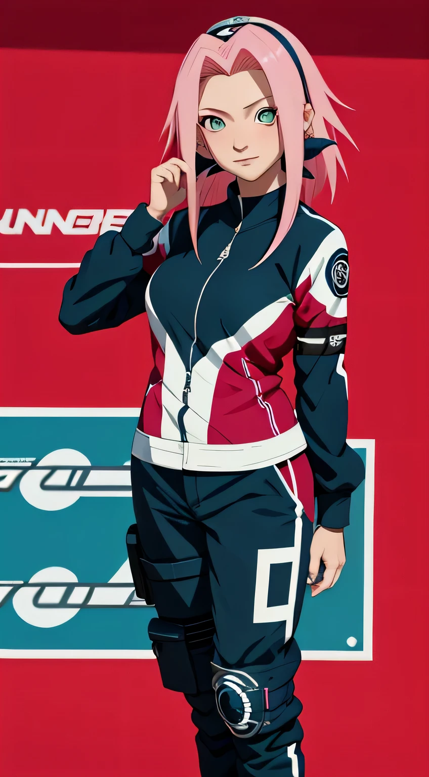 tmasterpiece, Best quality at best, 1girll, Sakura Haruno, Large breasts,Raised sexy,is shy,ssmile,with pink hair, long whitr hair, (Green eyeballs:1.4),full body, blue Forehead protection,fully black plain nascar driver suit, long sleeve, race car in behind