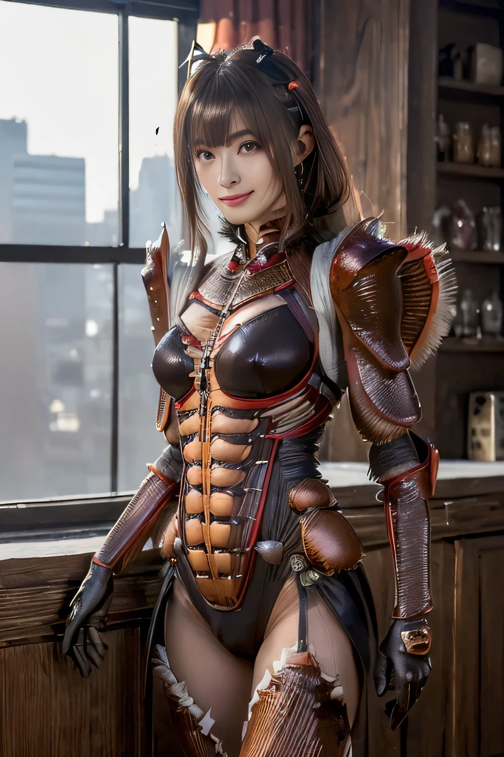 (High resolution,masterpiece,highest quality,Very detailed CG, anime, official art:1.4), realistic, photograph, amazing detail, everything is complicated, shiny and glossy,Amazing number of layers, 8K wallpaper, 3D, sketch, cute, figure,( alone:1.4), perfect female proportions,villain&#39;s daughter, (Fusion of dark brown cockroach and lady:1.4), (brown cockroach woman:1.2), (brown cockroach woman:1.2), (Fusion:1.2), (alone:1.4), (evil smile:1.2), muscular, abs, (Cockroach brown exoskeleton bio insect suit:1.4), (Cockroach brown exoskeleton bio insect armor:1.2), (brown transparent cockroach feathers:1.4), (Antennae of brown cockroaches:1.3),