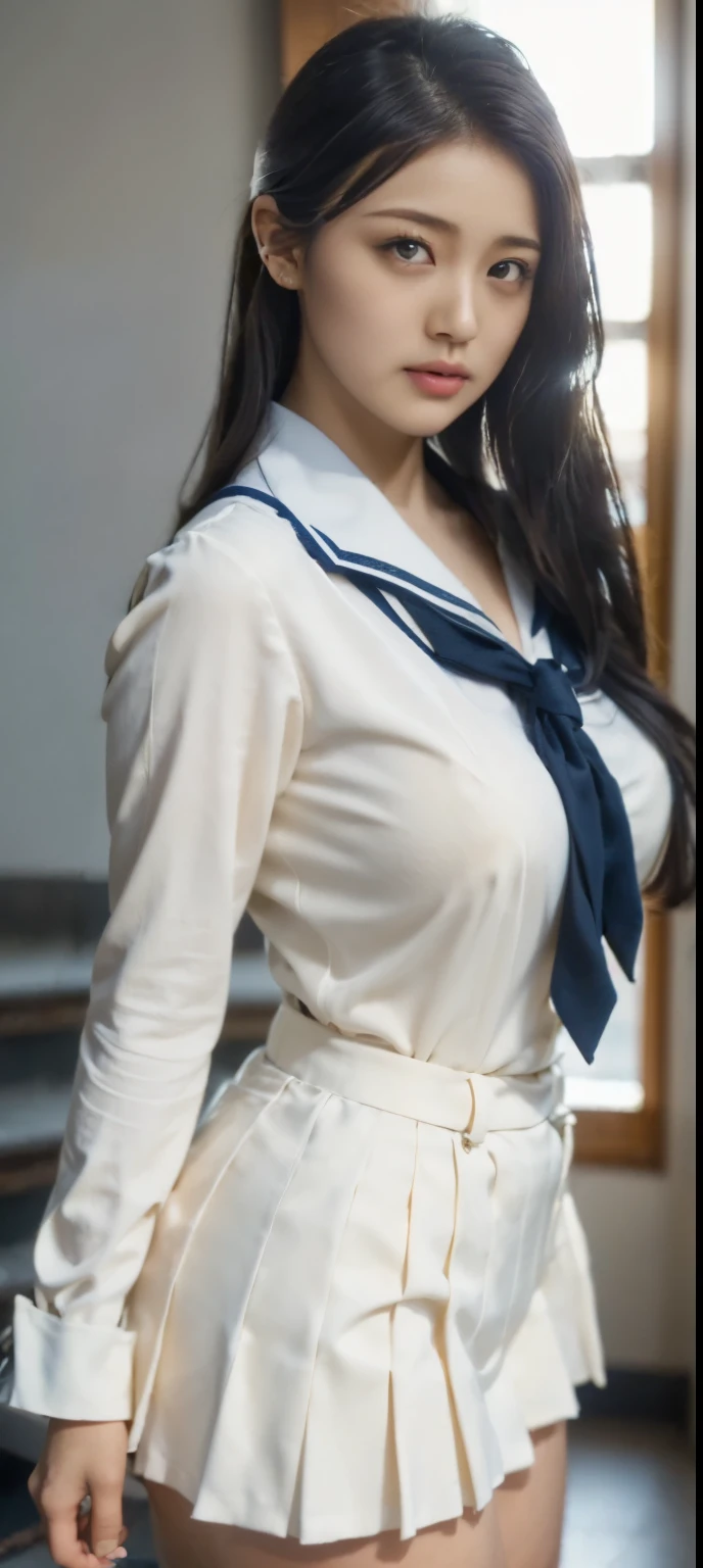 ((Japan's most beautiful high school girl))、((18 year old Mizu々beautiful plump body))((beautiful white skin))((Huge breasts that are too young and firm))、((black hair short))、((Put your hair behind your ears and stick your ears out))((She has the face of a serious young lady like the chairman type.))((high school girl uniform))、((Plump and plump lips))、((Breasts so big that the uniform looks like they'll burst))((hair tie on arm))、((serious honor student))、((Looking down at me from the top of the stairs at home))、((A glimpse of white underwear is visible))、((angelic smile))、((Super realistic texture))、((young sexual schoolgirl))、((obscene thighs))、((The gap between her neat face and erotic body is amazing))、((Plain but the most erotic body in school))、((Body type like a gravure idol))、((Super high quality))、((super high quality))、((Moody lewd))
