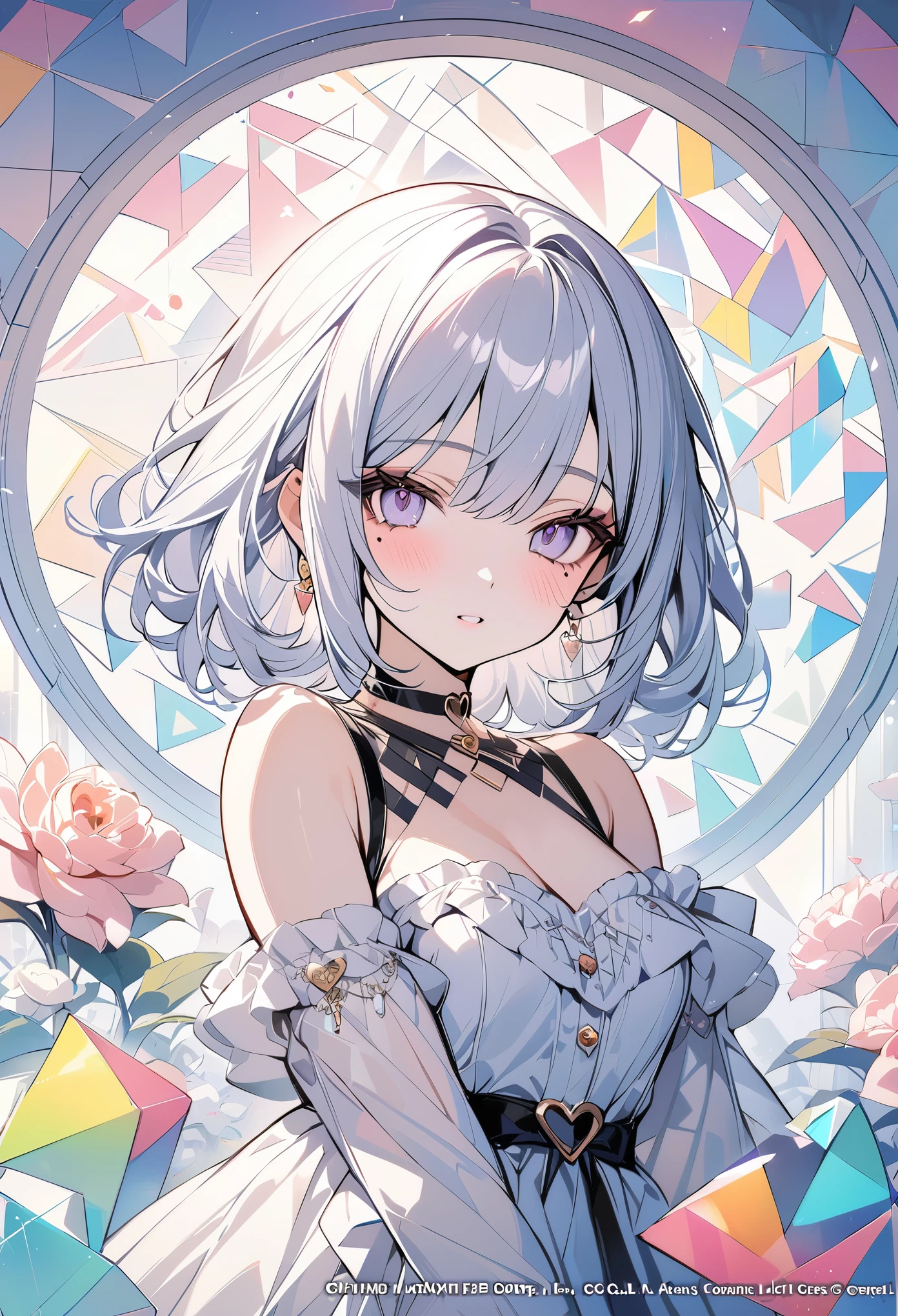 ,beautiful flower々),mole under eye, heart shaped choker, (masterpiece, highest quality), official art, beautiful and aesthetic: 1.2), (1 girl), very detailed, (geometry art: 1.3), colorful