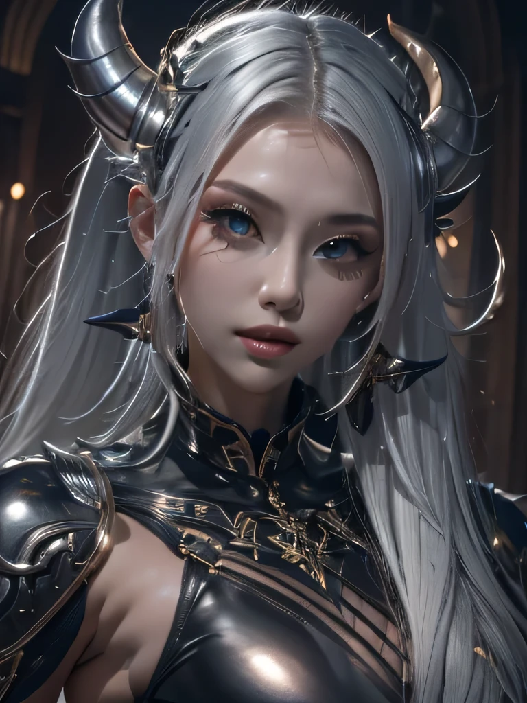 masterpiece, Raw photo，photorealism，High resolution，highest quality，High resolution, perfect composition, perfect face, perfect body, 16k，cinematic lighting，silver hair，Succubus，whip，latex，black，Charm，devilの城の背景、devil&#39;Costume with visible collarbone、close up of face、ponytail、